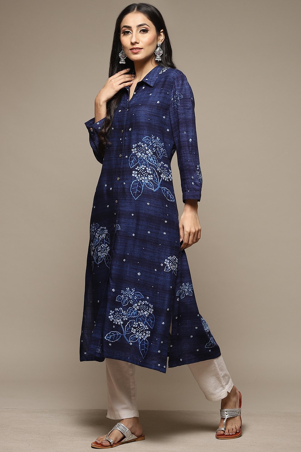 Indigo LIVA Straight Printed Kurta image number 0