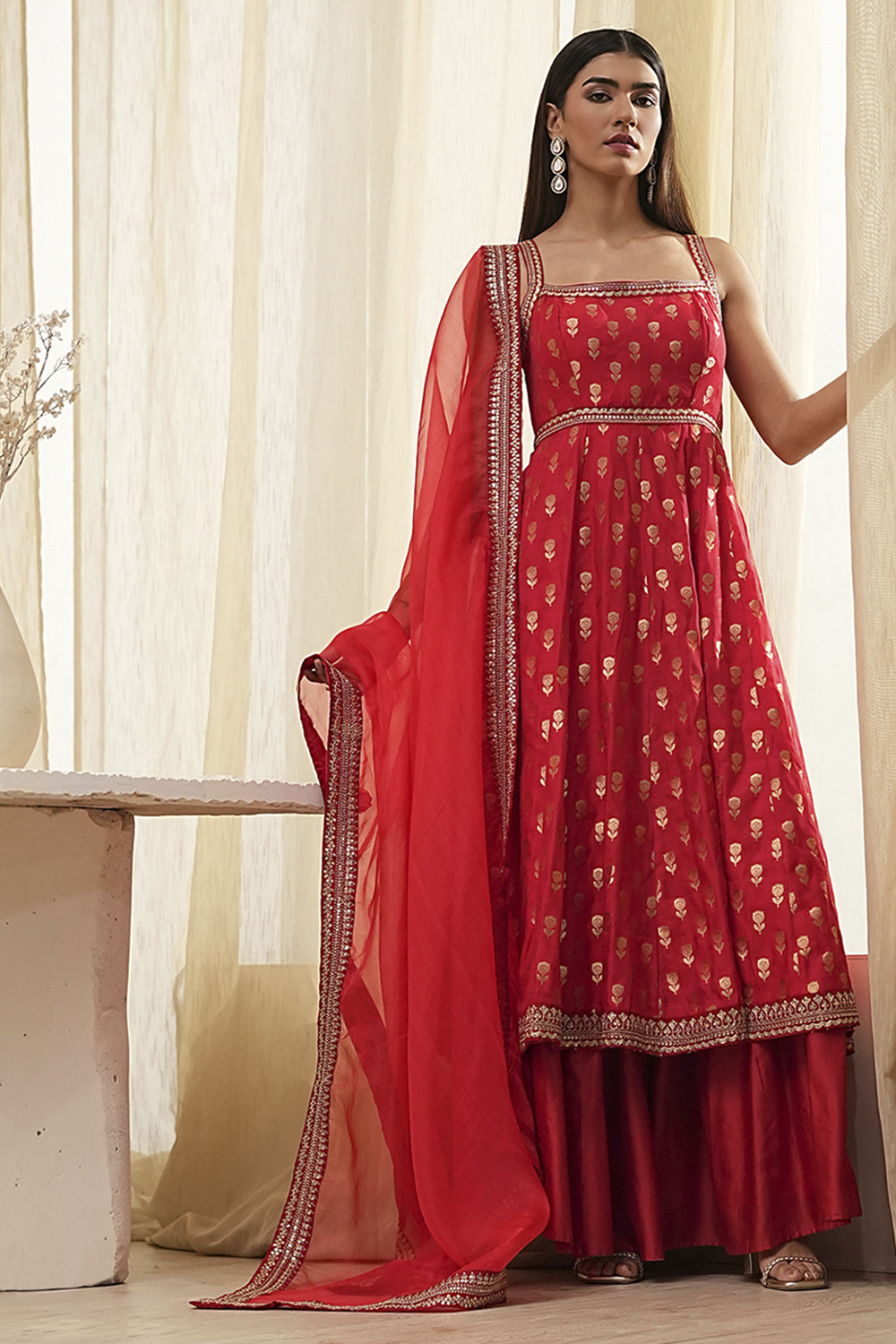 Red Yarn-Dyed Strappy Anarkali Suit Set image number 0