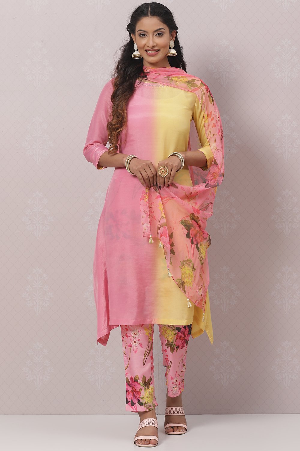 Yellow And Pink Poly Viscose Asymmetric Kurta Pant Suit Set image number 0
