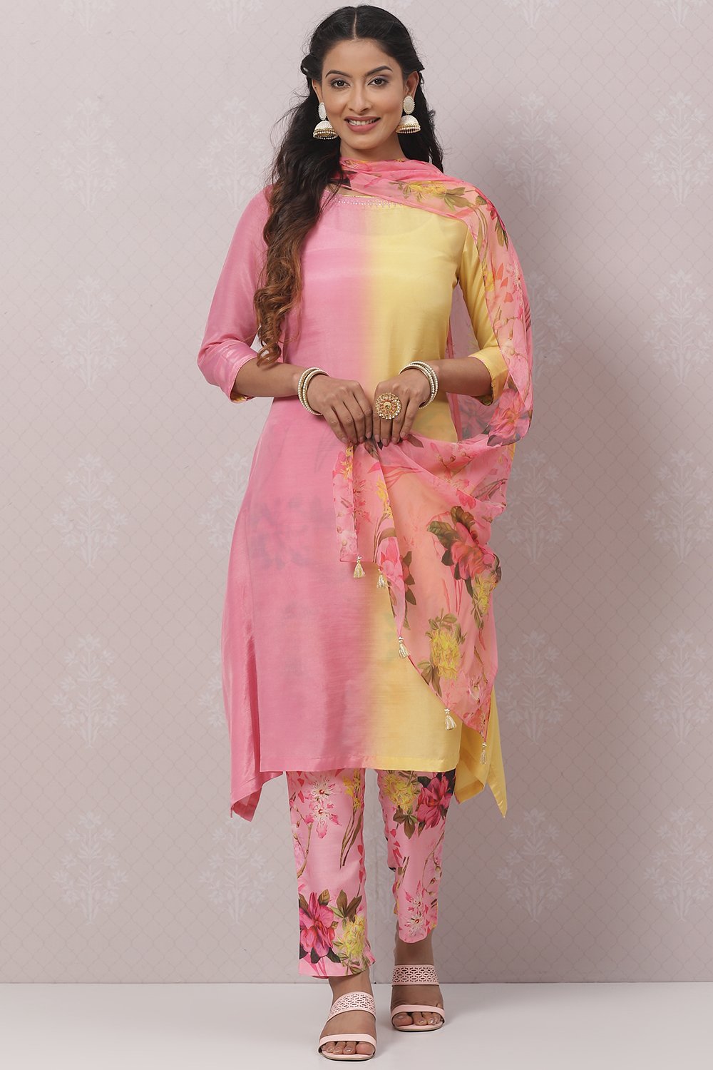 Sea Green And Pale Yellow Poly Viscose Asymmetric Kurta Pant Suit Set image number 0
