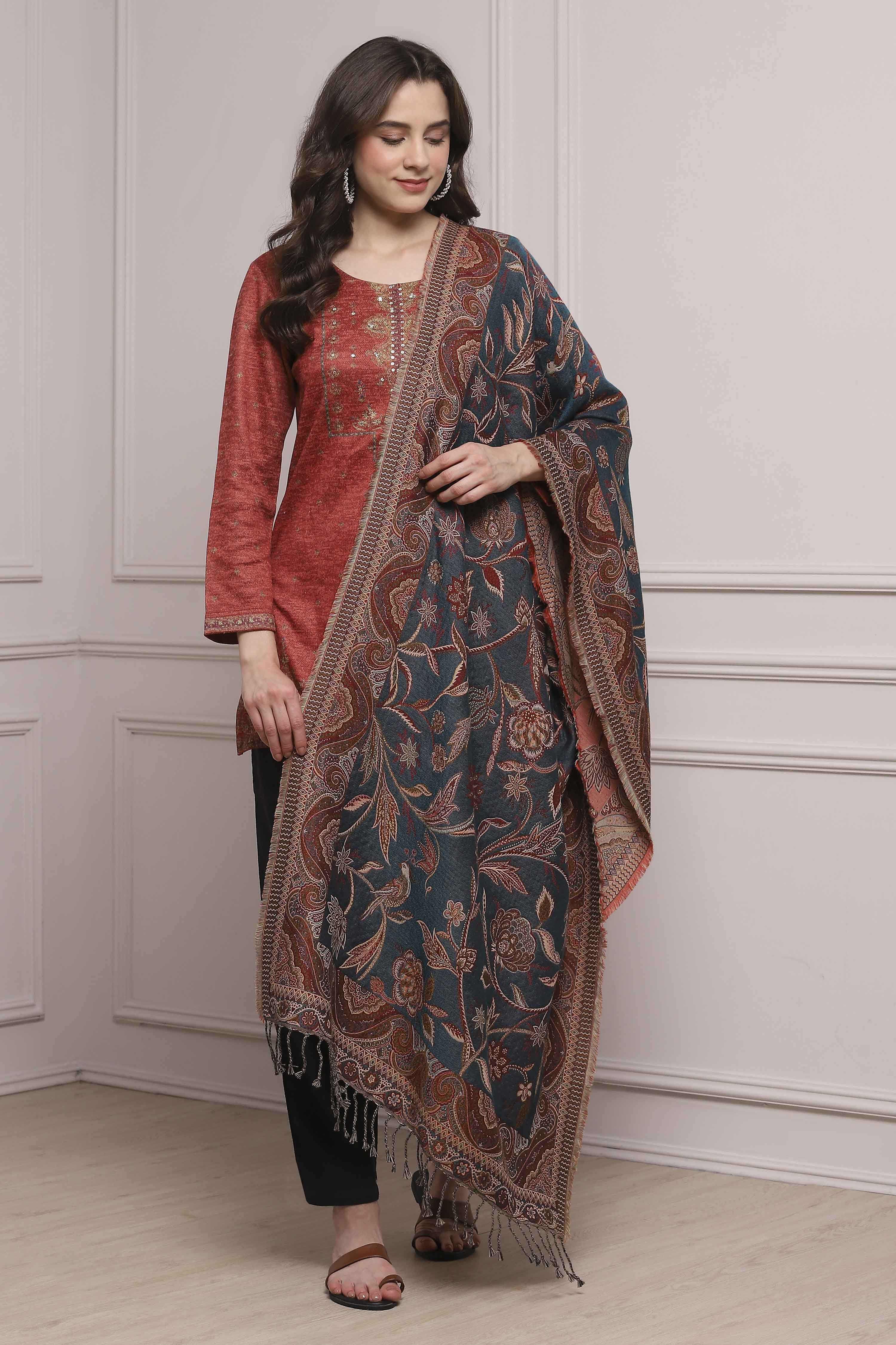 Black Yarn-Dyed Printed Winter Stole image number 1