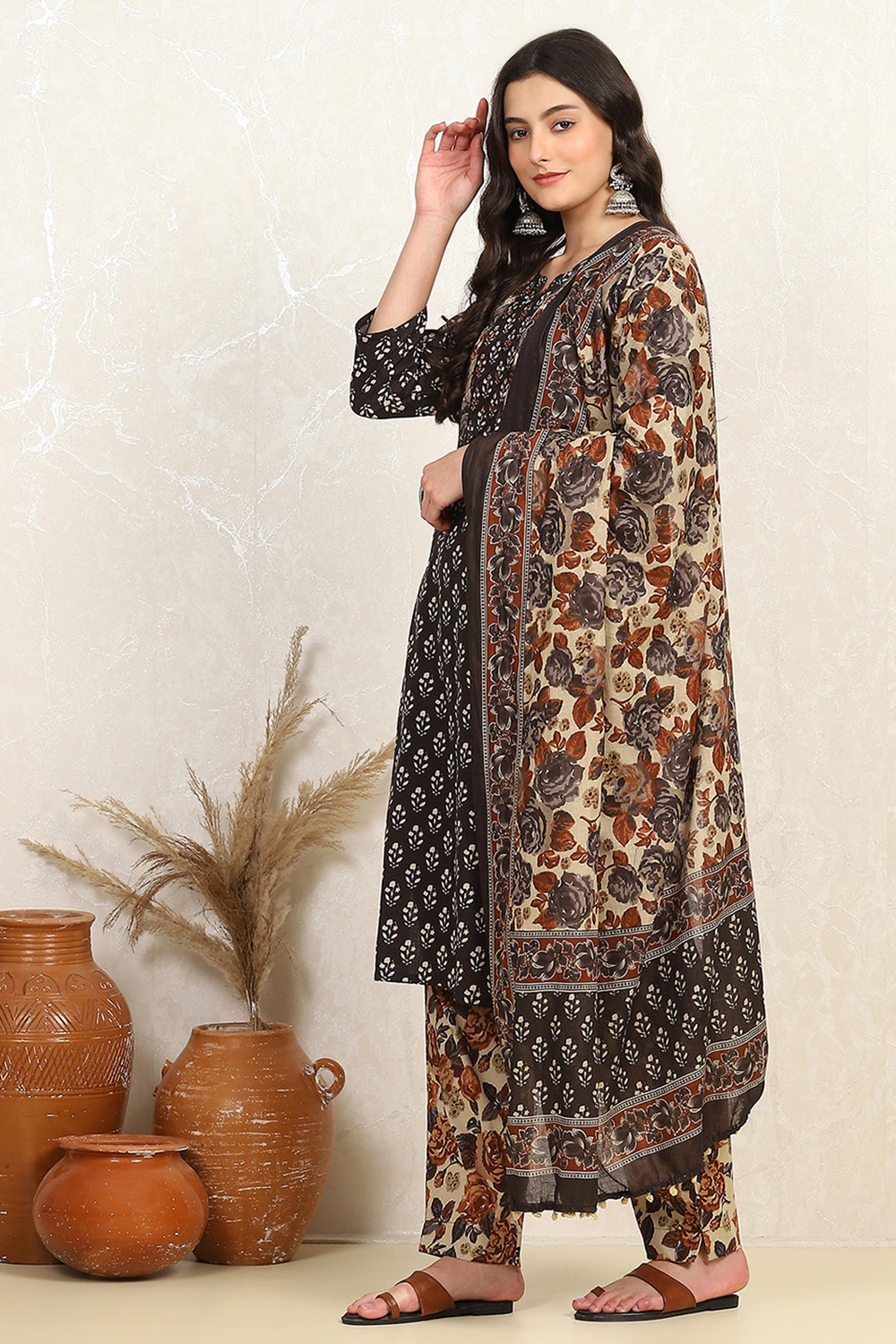 Rust Cotton Unstitched Suit Set image number 4
