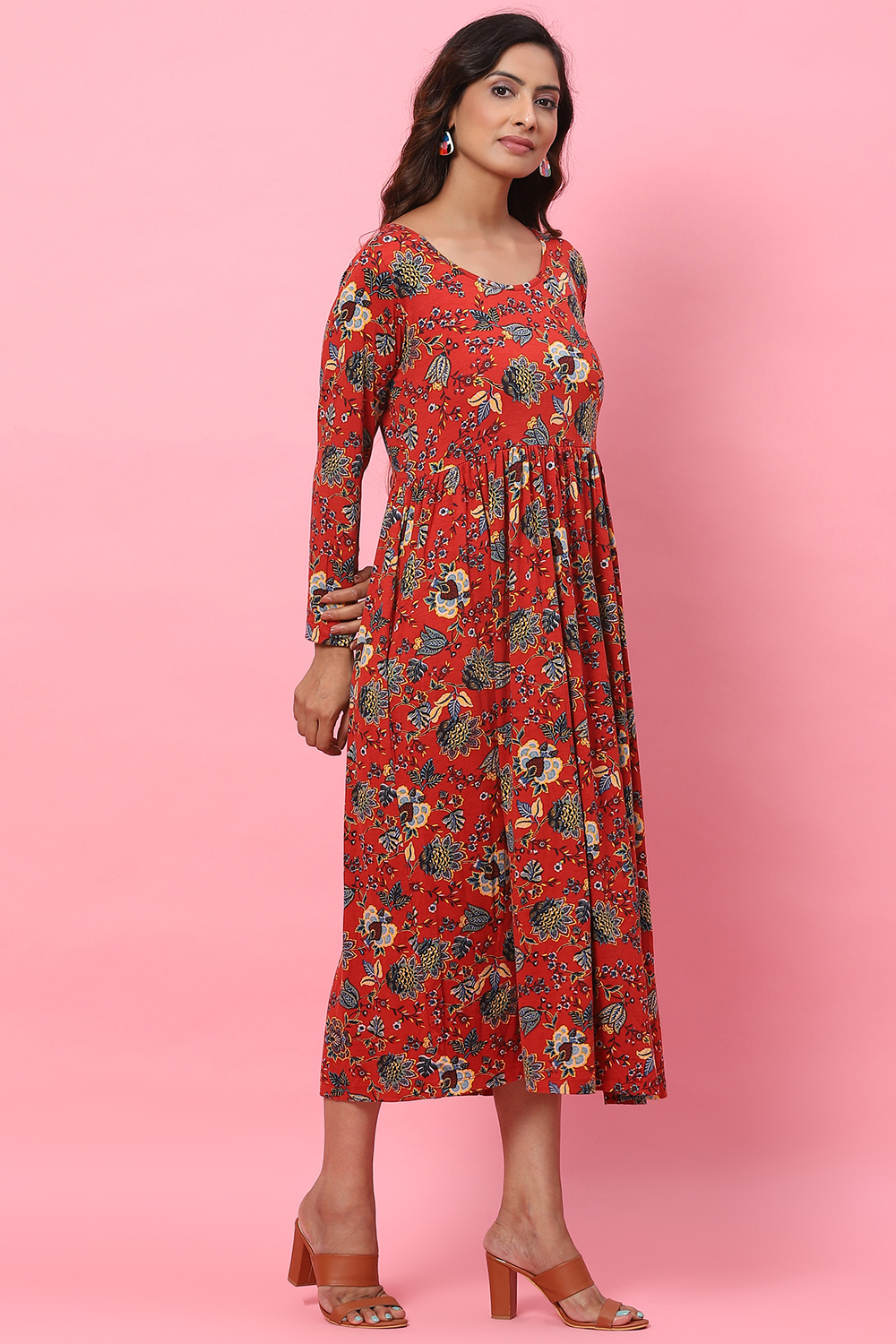 Red LIVA Flared Fusion Dress image number 2