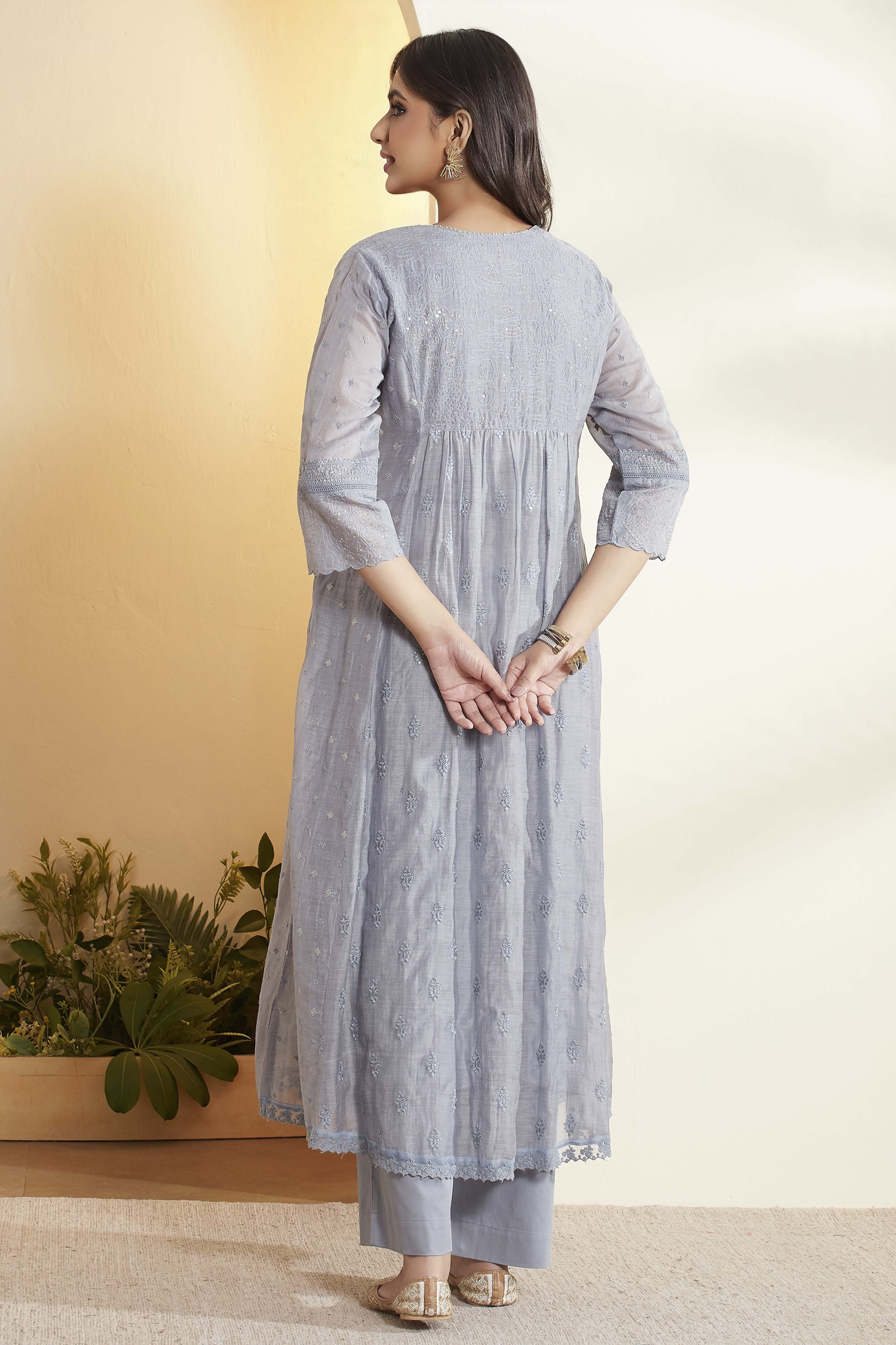 Powder Blue Cotton Silk Kalidar Suit Set image number 6