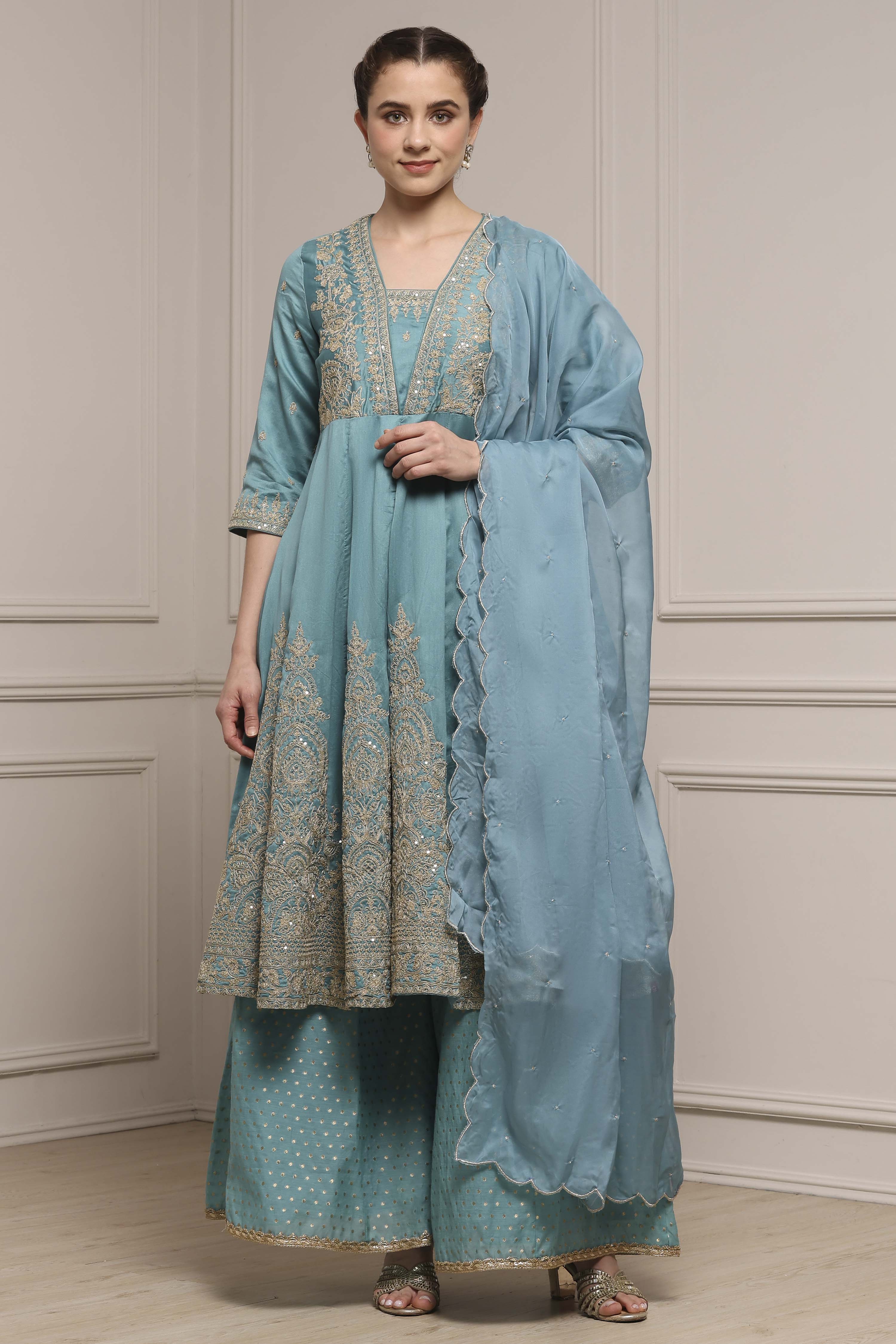 Blue Silk Chanderi Anarkali Suit Set image number 6