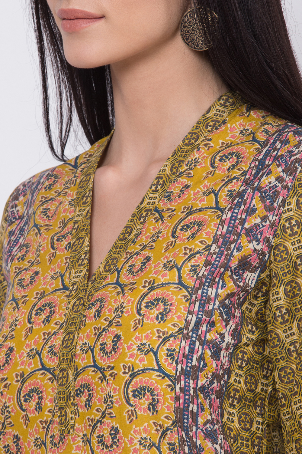 Mustard Cotton Straight Printed Kurta image number 1