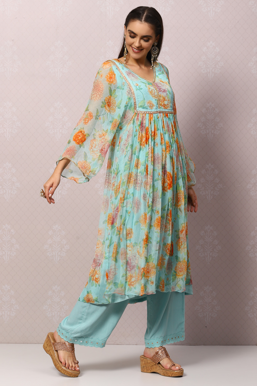 Peach Viscose Flared Kurta Palazzo Suit Set image number 6