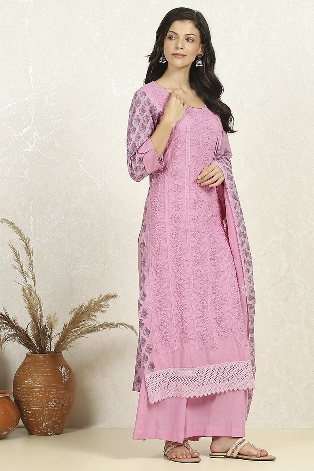 Purple Cotton Unstitched Suit Set image number 6