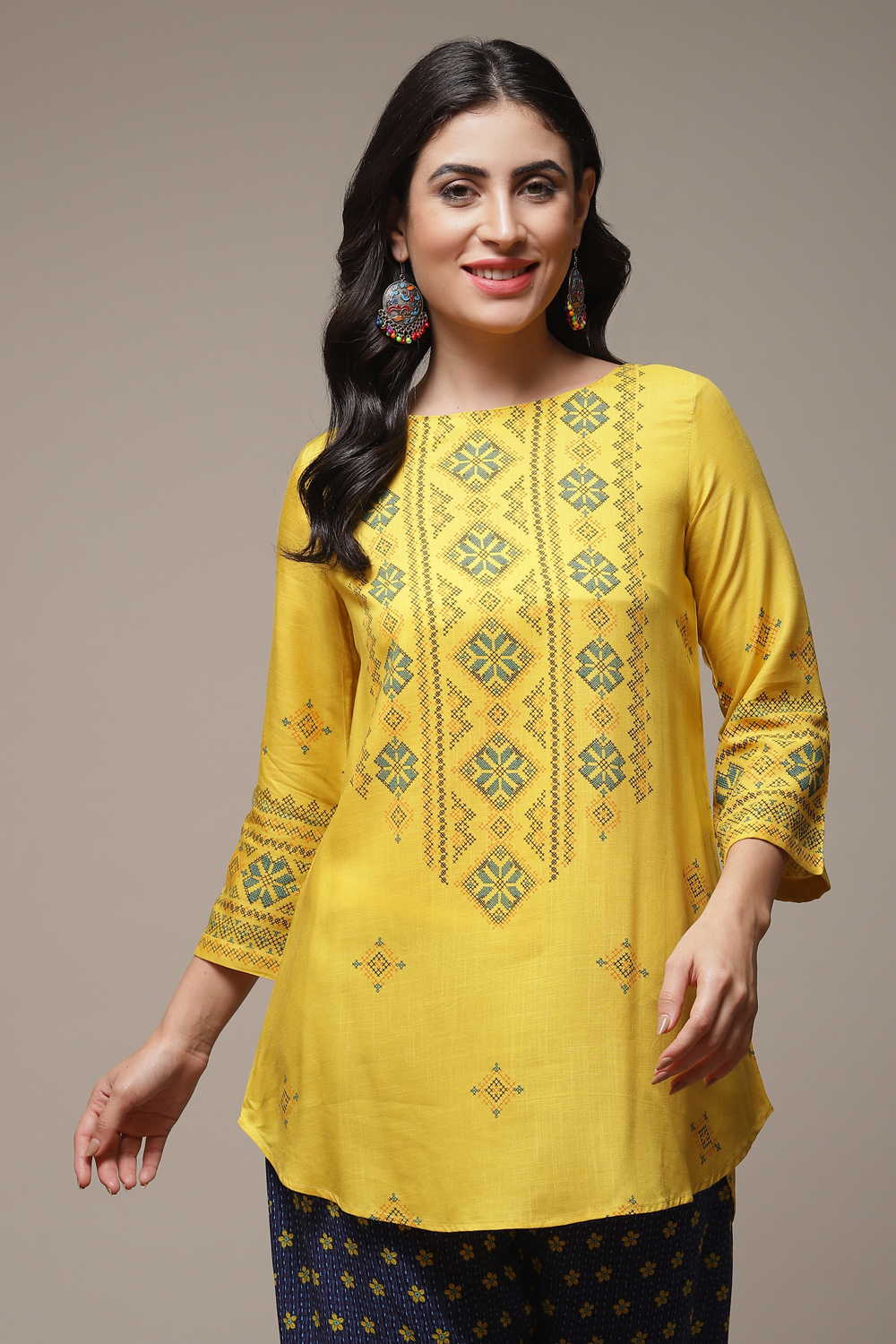 Yellow Rayon Printed Kurti