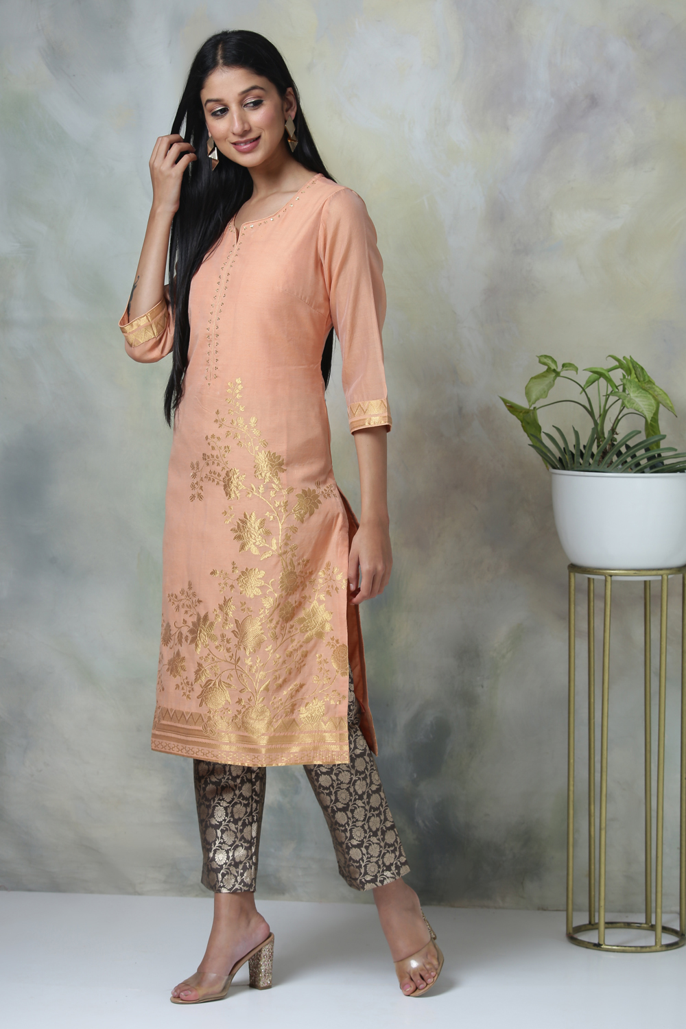 Orange Art Silk Cotton Straight Printed Kurta image number 4