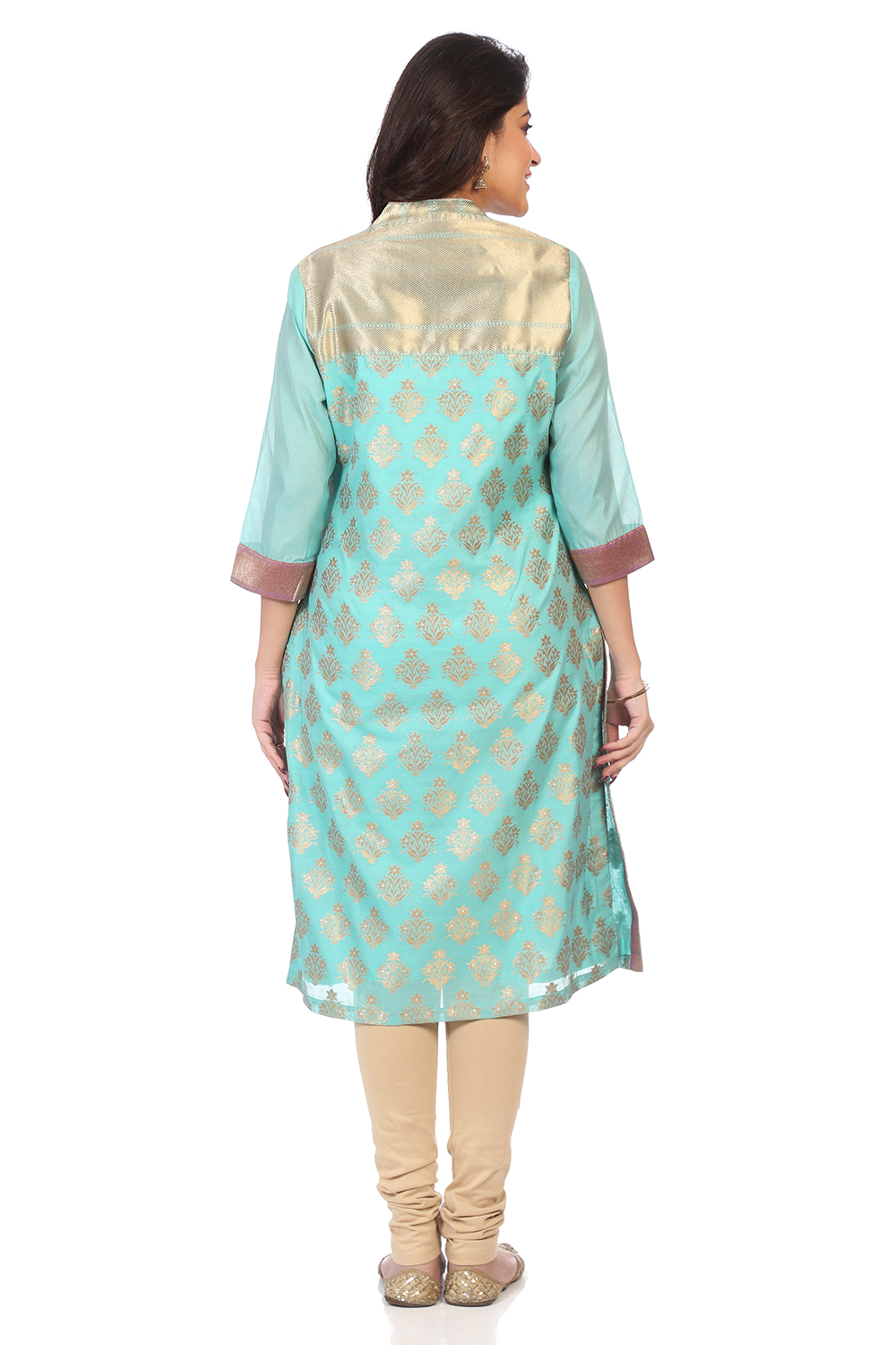 Green Poly Metallic Cotton Straight Printed Kurta image number 4