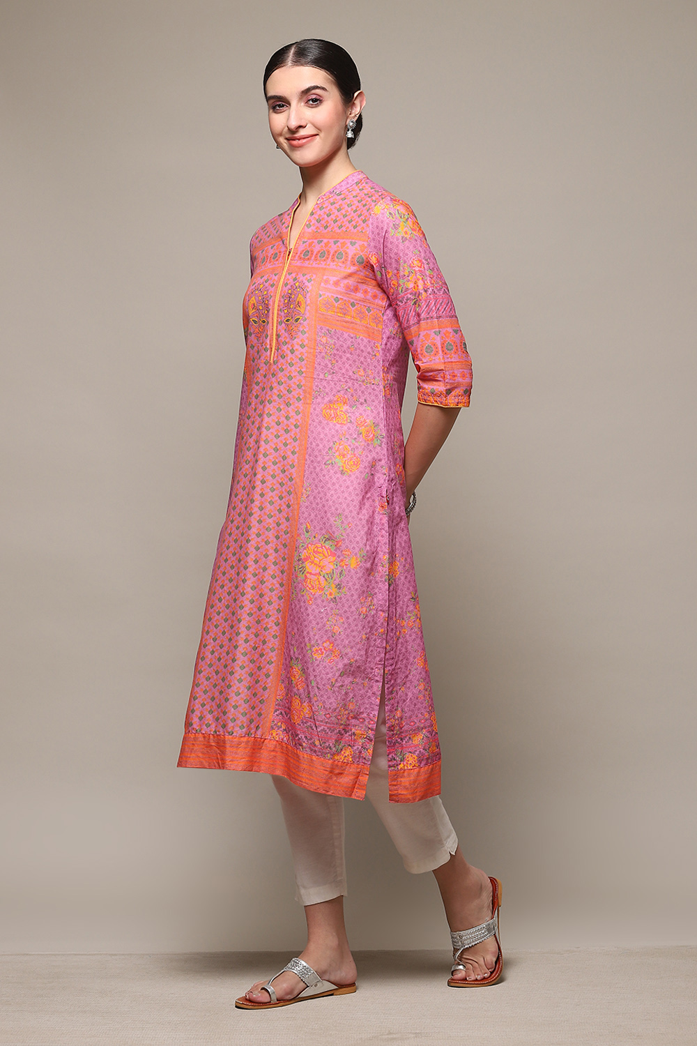 Pink Cotton Straight Printed Kurta image number 2