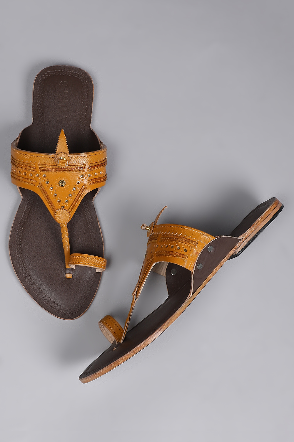 Mustard Yellow & Dark Brown Leather Kolhapuri Sandals image number 4