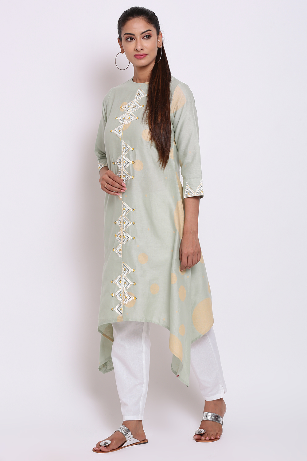 Mint Green Cotton Flax Asymmetric Printed Kurta image number 3