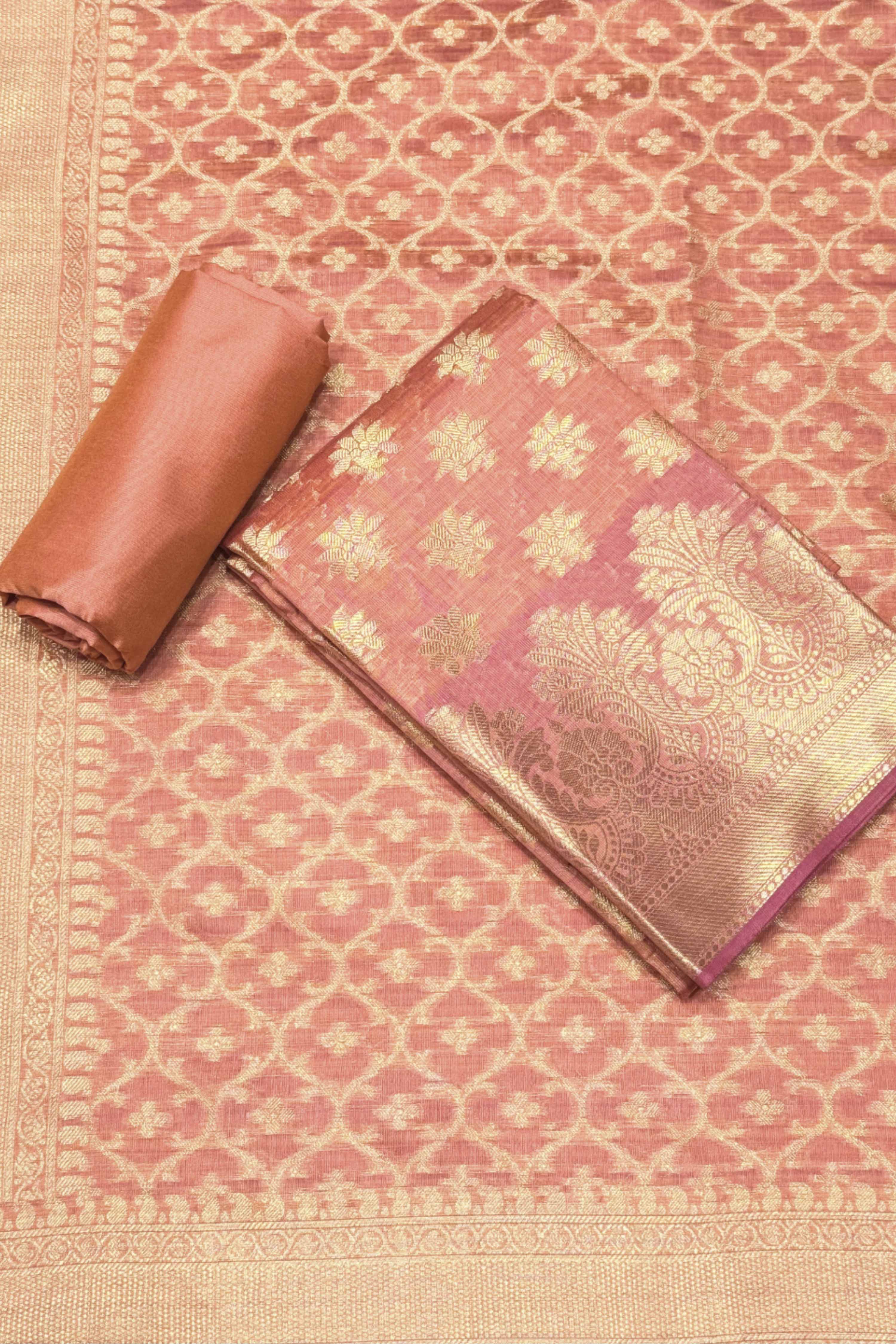 Pink Chanderi Silk Printed Unstitched Suit Set image number 0