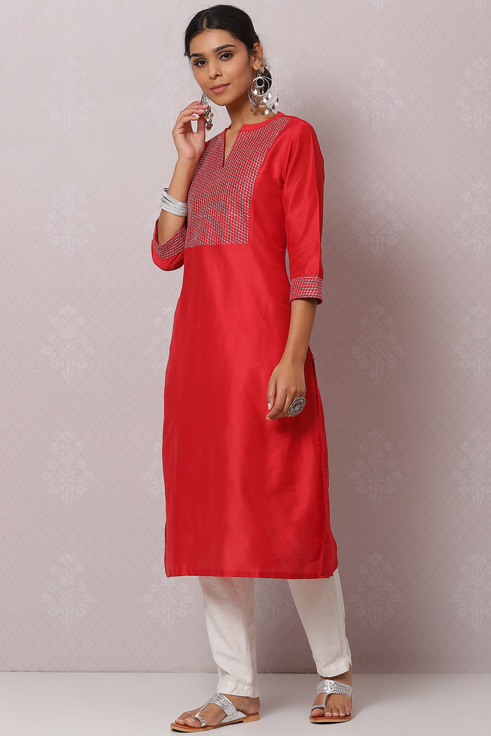 Red Straight Nylon Viscose Kurta image number 3