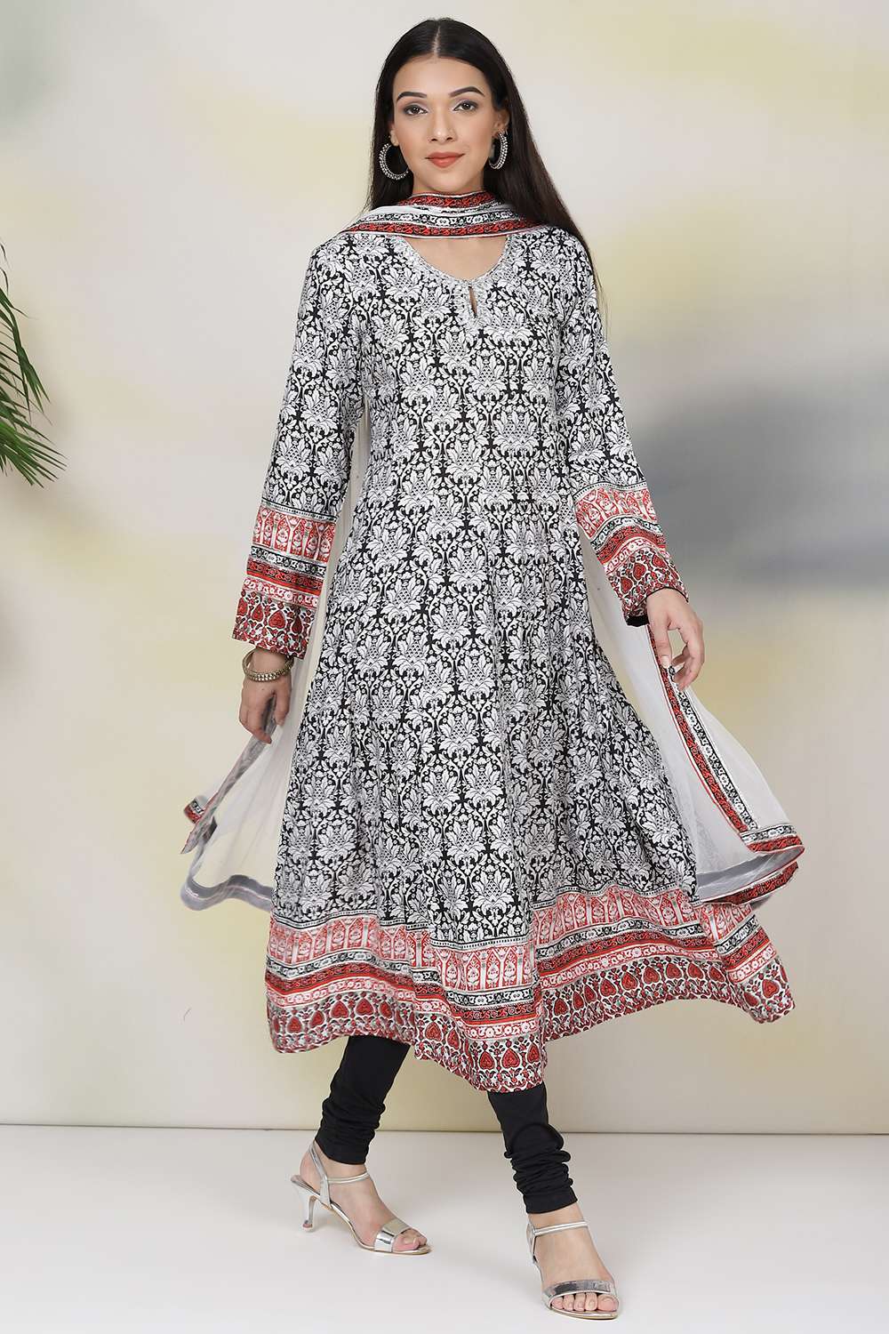 Black And White Rayon Kalidar Kurta Churidar Suit Set image number 0