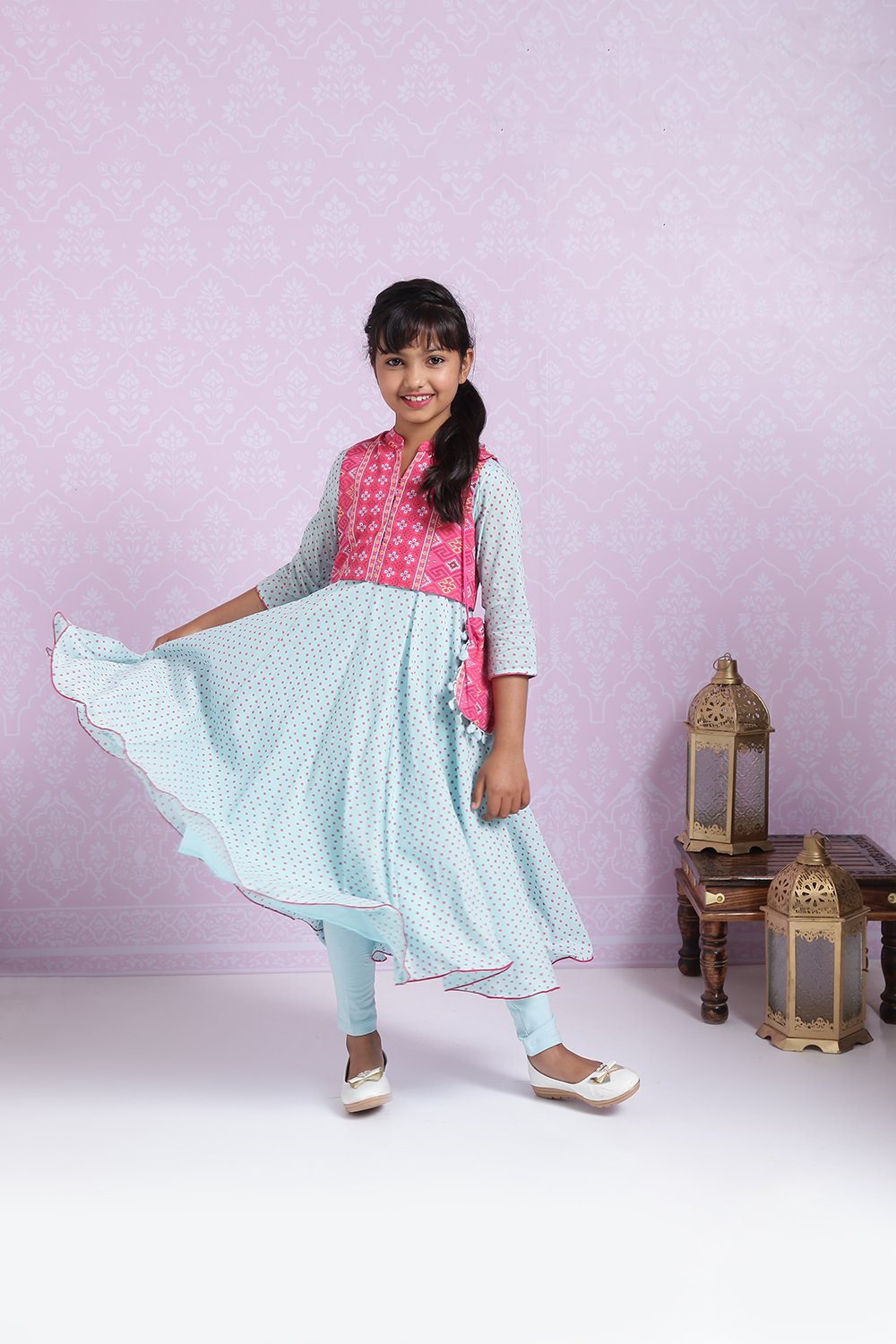 Sky Blue And Pink Cotton Anarkali Suit image number 5