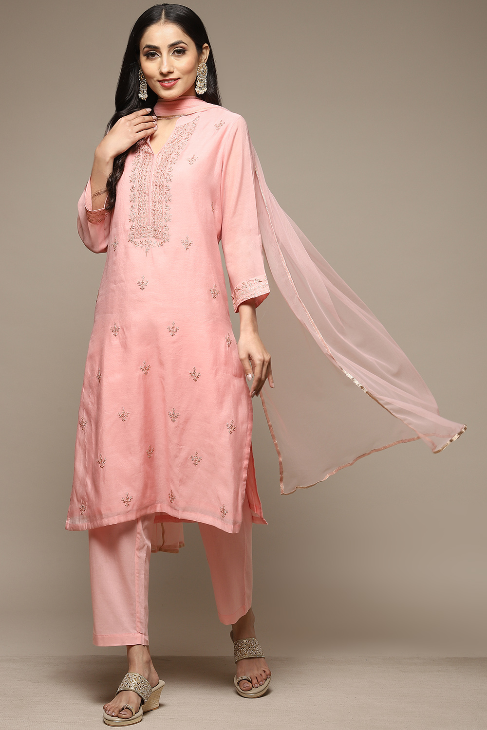 Blush Pink Cotton Blend Straight Kurta Pant Suit Set image number 0