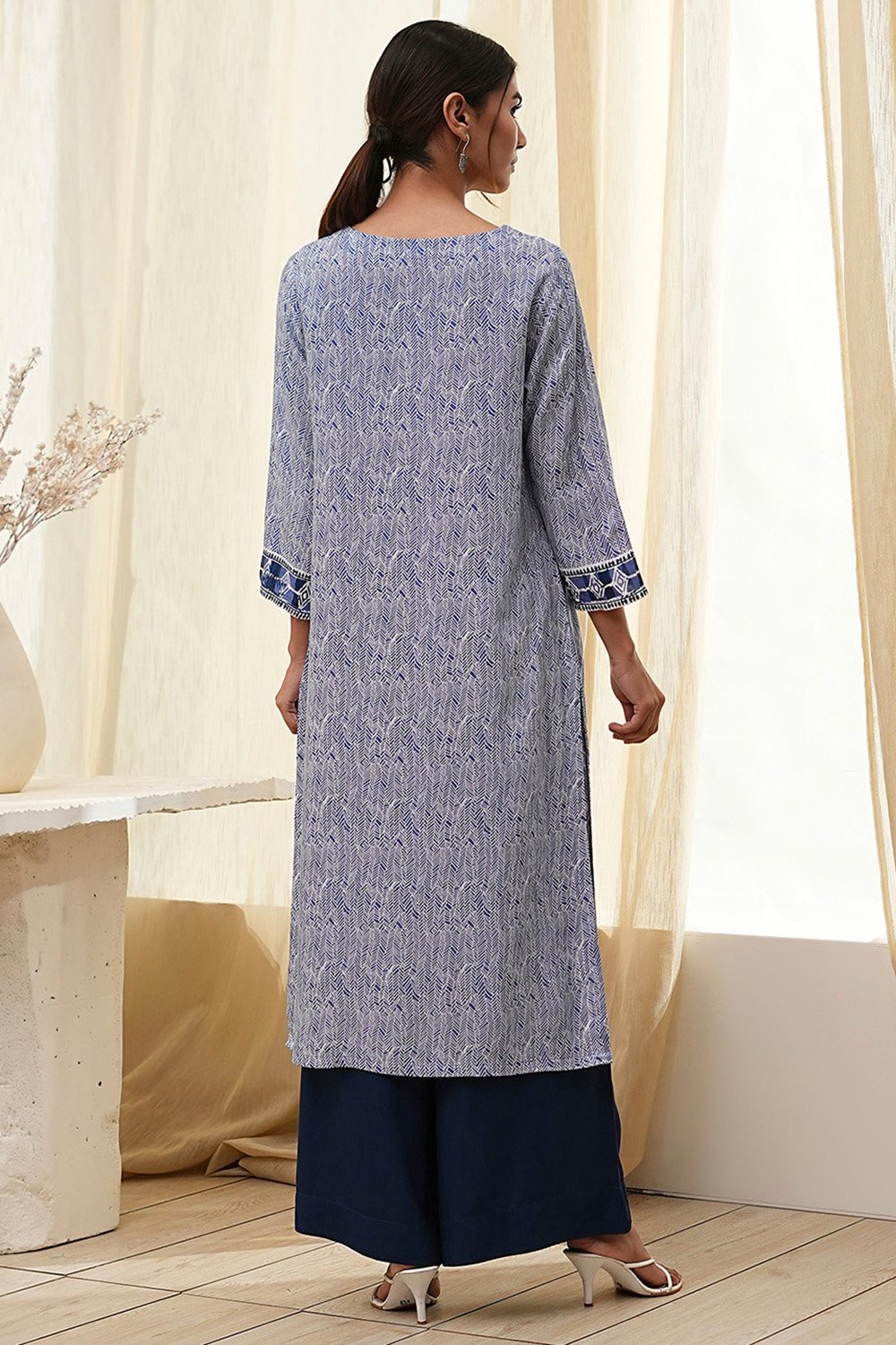 Beige Printed Straight Kurta image number 3