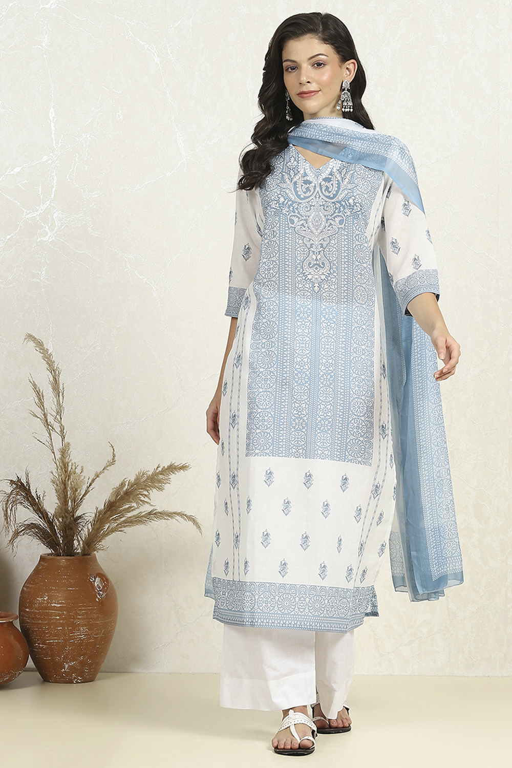 White-Blue Cotton Unstitched Suit Set image number 7
