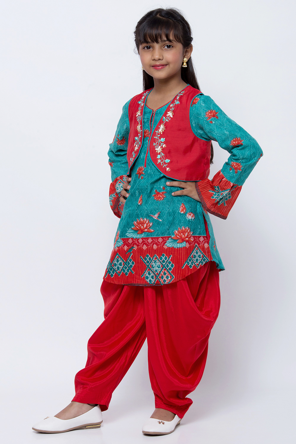 Turquoise And Red Cotton Straight Kurta Dhoti Salwar Suit Set image number 3