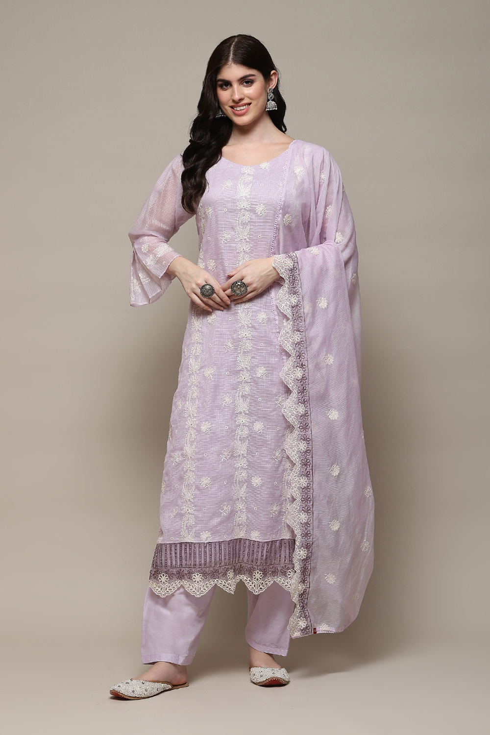 Lavendar Cotton Blend Printed Unstitched Suit Set image number 8