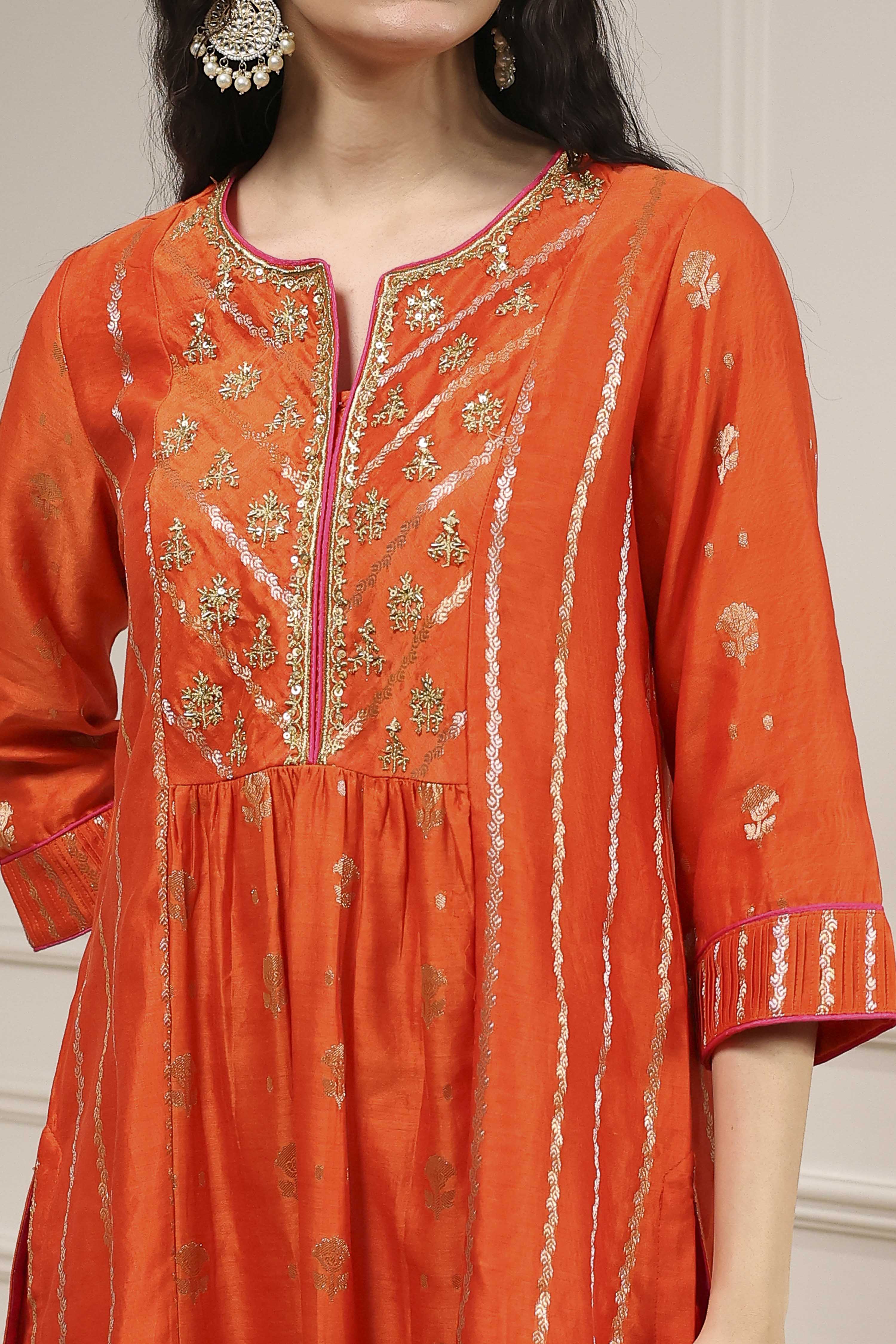 Orange Silk Straight Yarndyed Suit Set image number 1