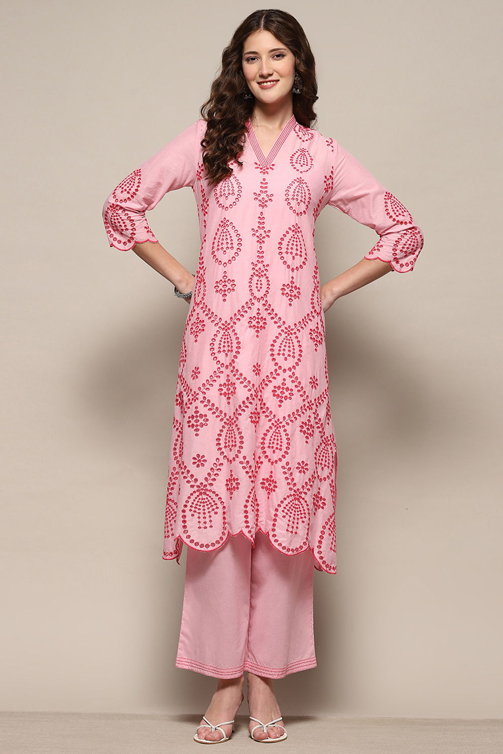 Yellow Cotton Schiffli Kurta & Palazzo Suit Set image number 0
