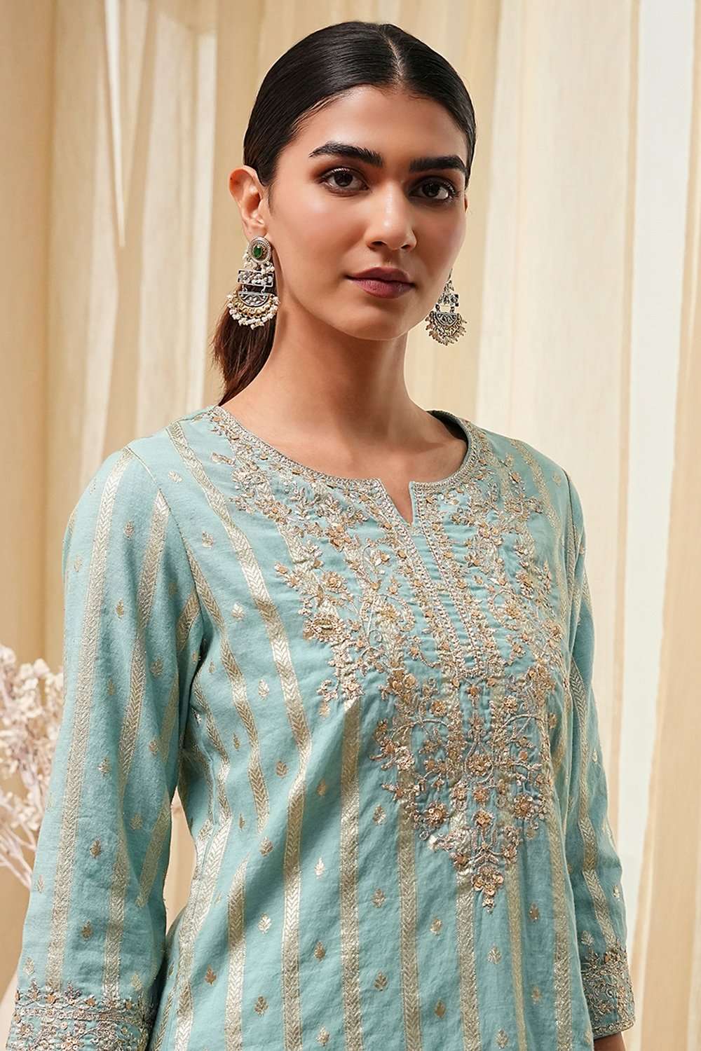 Powder Blue Embroidered Straight Suit Set image number 2