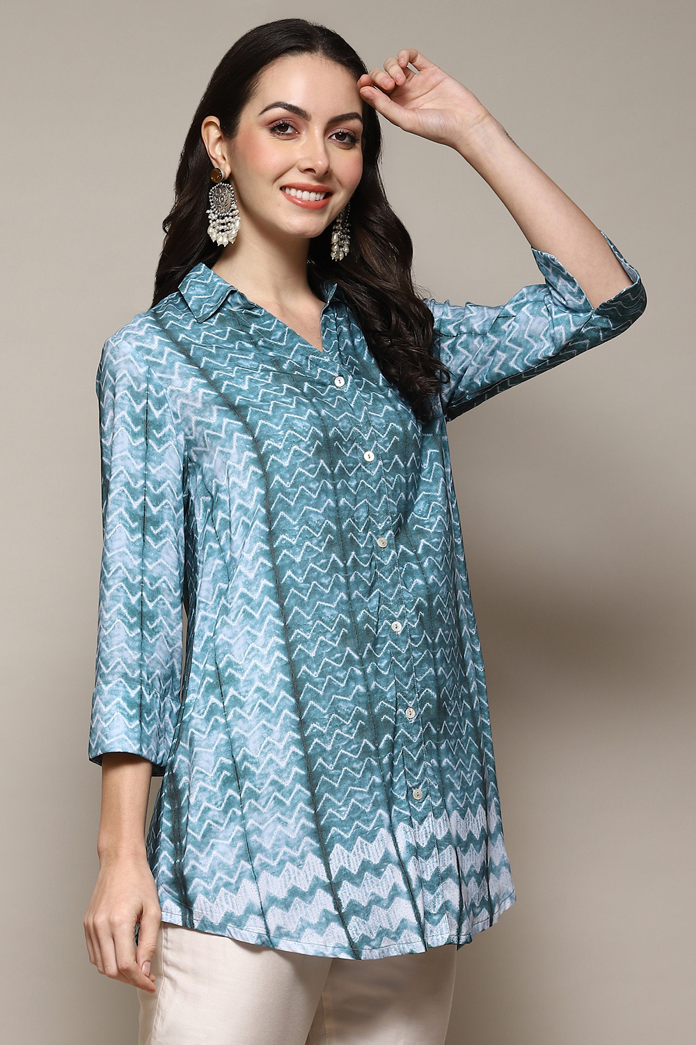 Petrol LIVA Short Kurta Printed Shirt image number 3