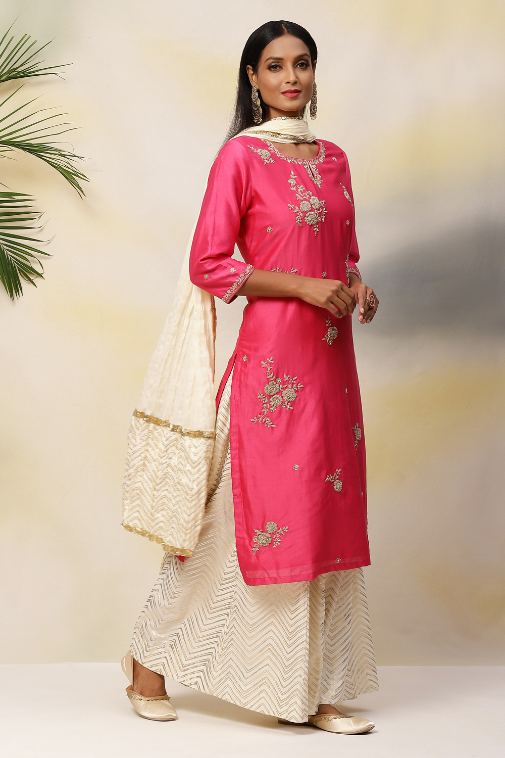 Mustard Cotton Silk Straight Kurta Sharara Suit Set image number 0