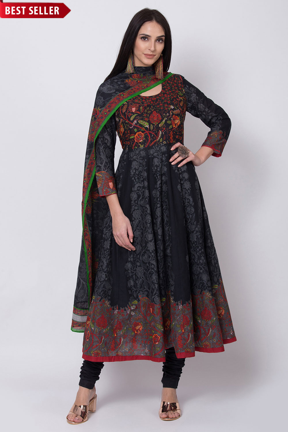 Black Cotton Anarkali Kurta Churidar Suit Set image number 0
