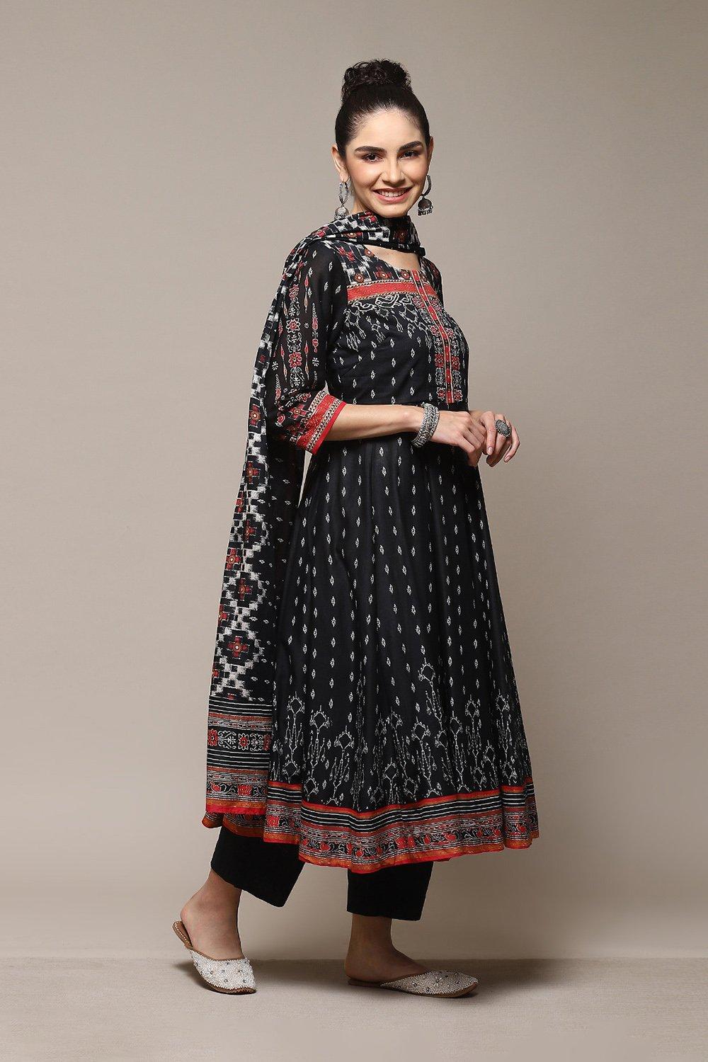 Black Cotton Anarkali Kurta Palazzo Suit Set image number 6