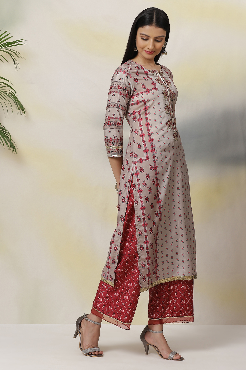 Grey Straight Art Silk Kurta image number 2