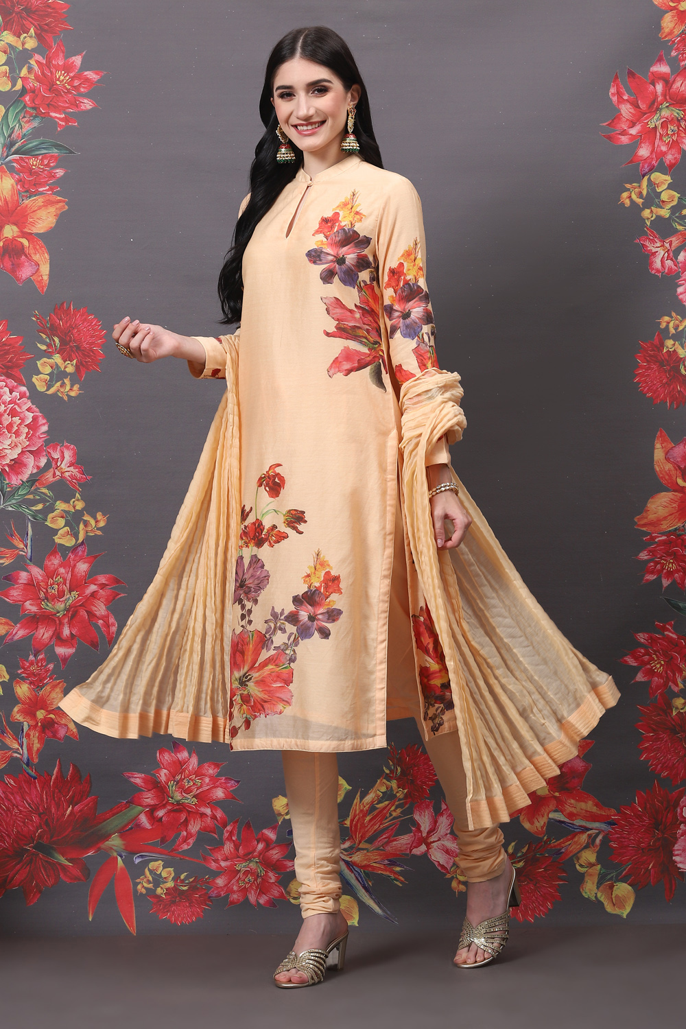 Rohit Bal Peach Cotton Silk Straight Printed Suit Set image number 0