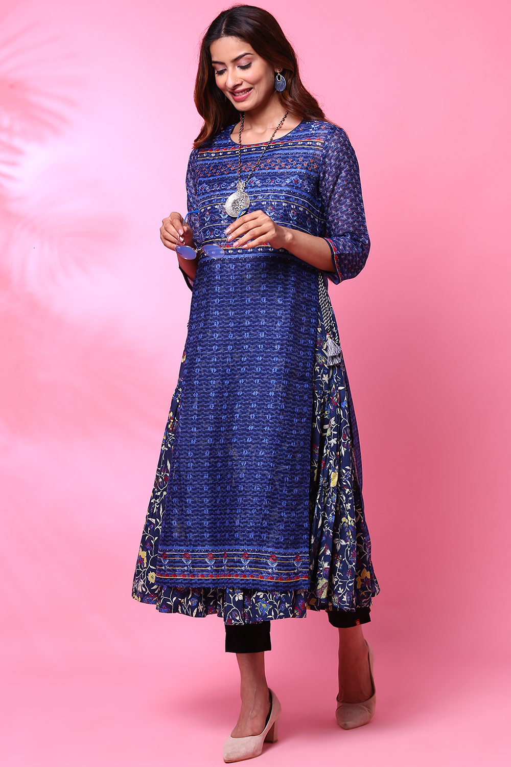 Indigo Art Silk Double Printed Kurta image number 4