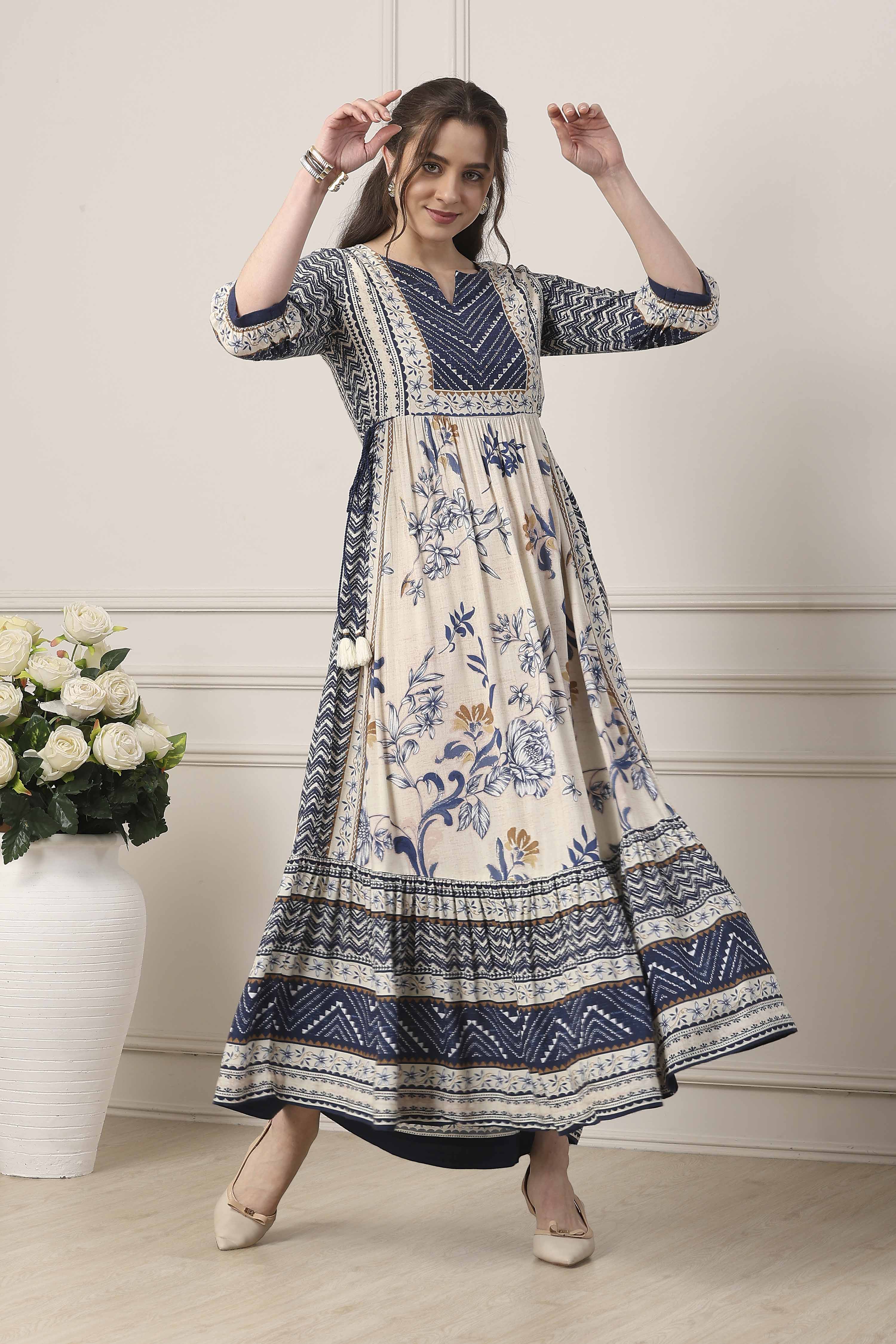 Blue Floral Printed Flared Maxi Dress image number 0