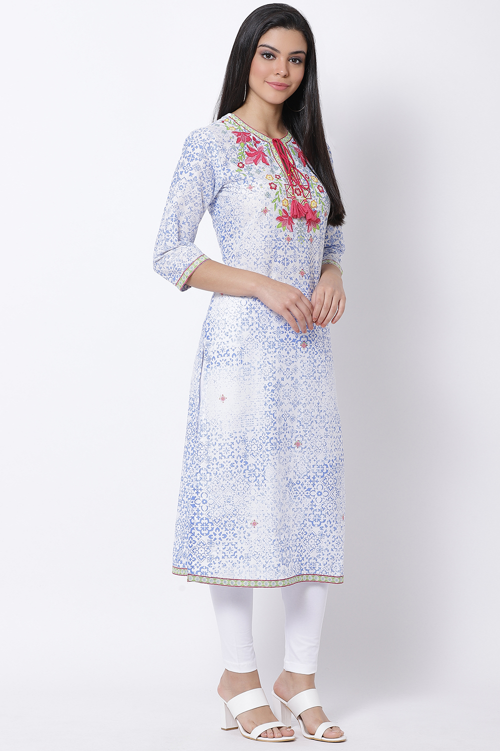 Blue Cotton Straight Printed Kurta image number 3