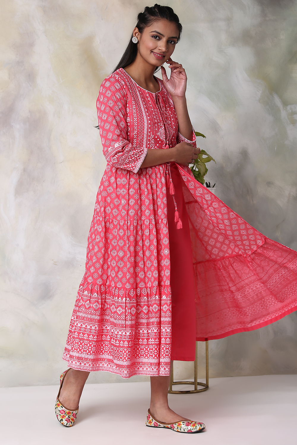 Pink Cotton Double Layered Printed Kurta Dress image number 3