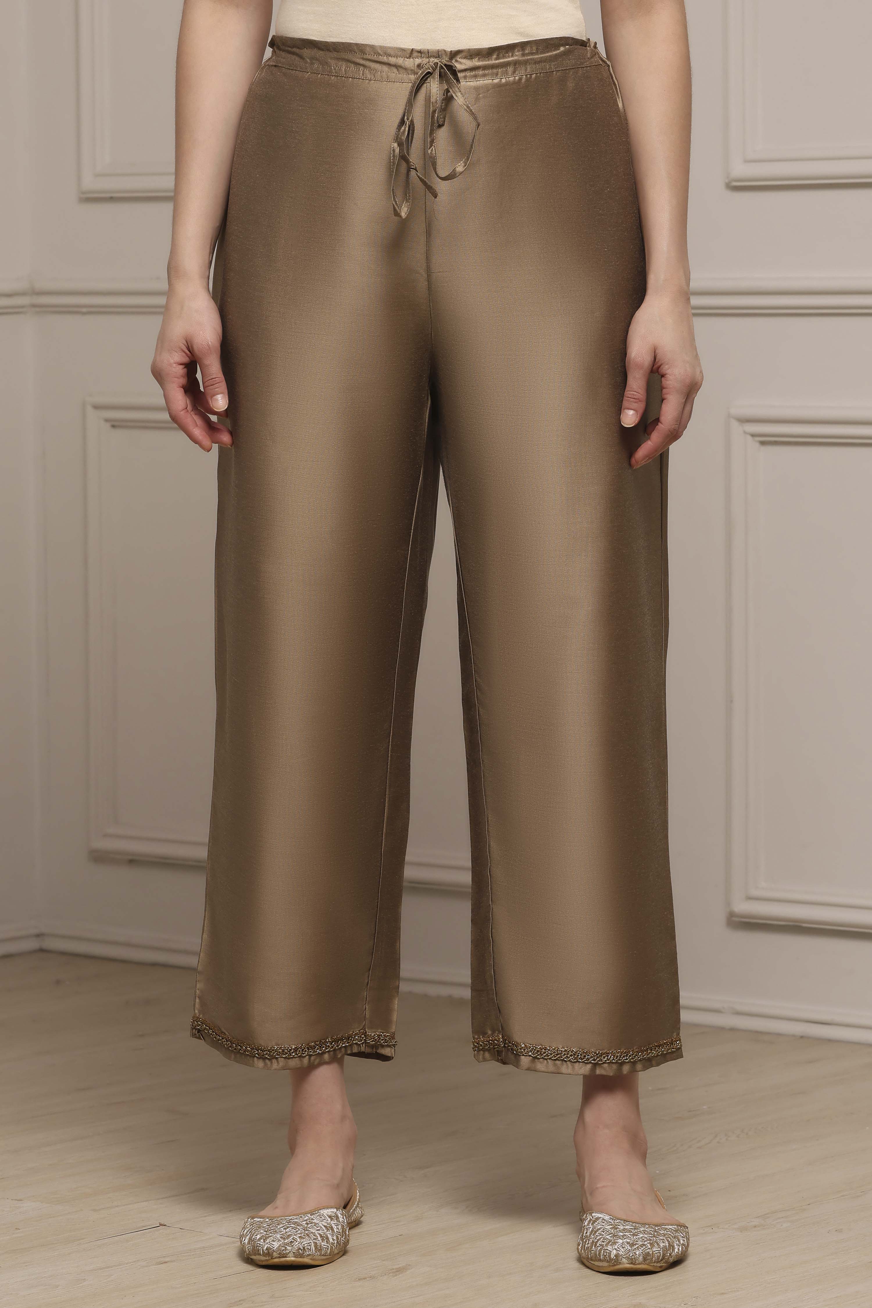 Antique Gold Polyester Straight Palazzos image number 4