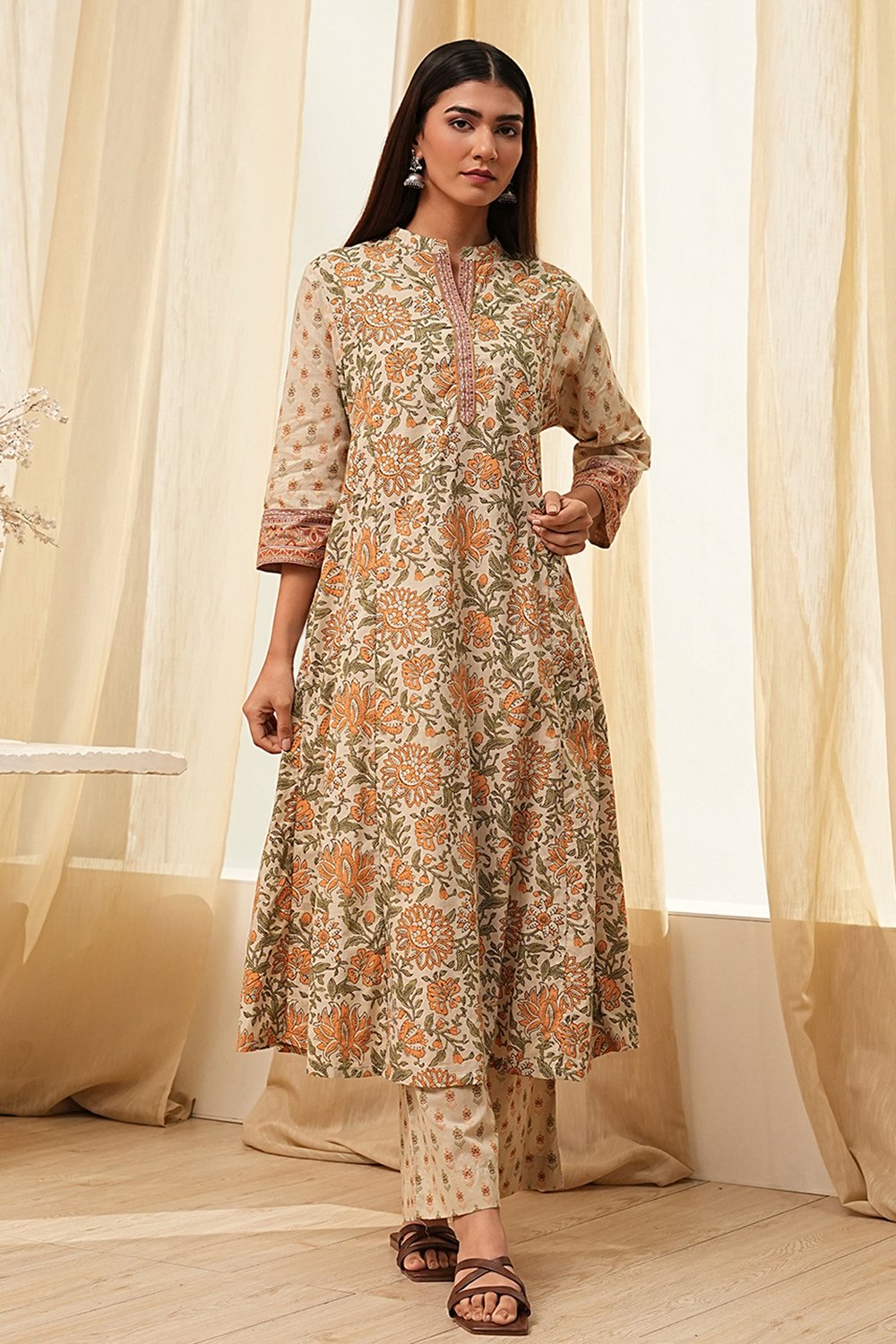 Beige Pure Cotton Floral Kalidar Kurta Set image number 6