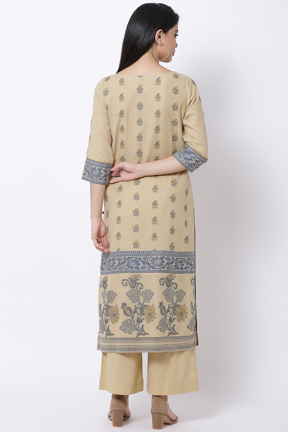 Beige Cotton Straight Kurta Palazzo Suit Set image number 4