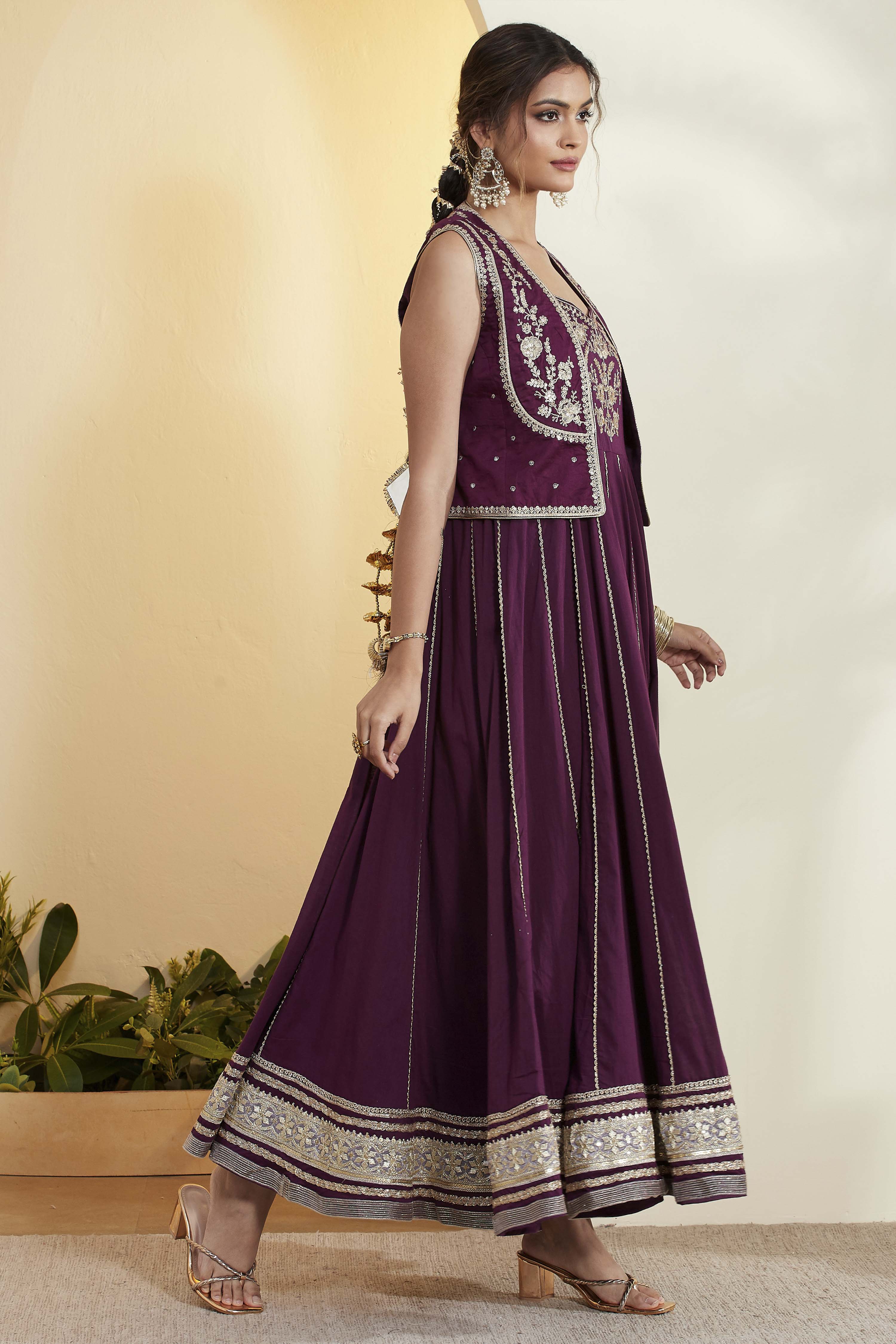 Purple Cotton Silk Kalidar Dress image number 4