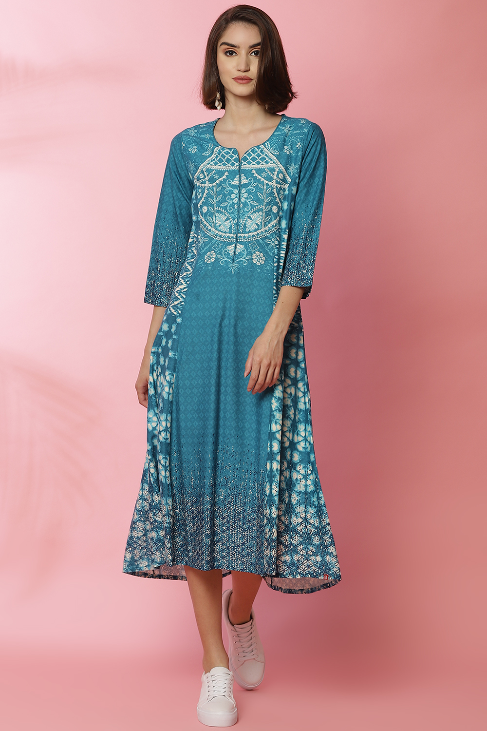 Buy Turquoise Rayon A Line Printed Dress Kurta Mask for INR999