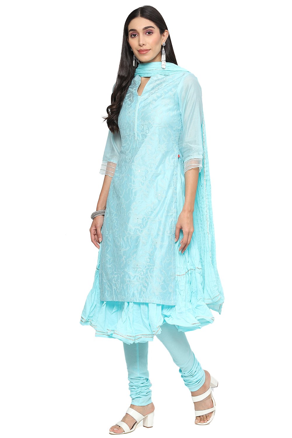 Turquoise Cotton Blend Layered Kurta Churidar Suit Set image number 6