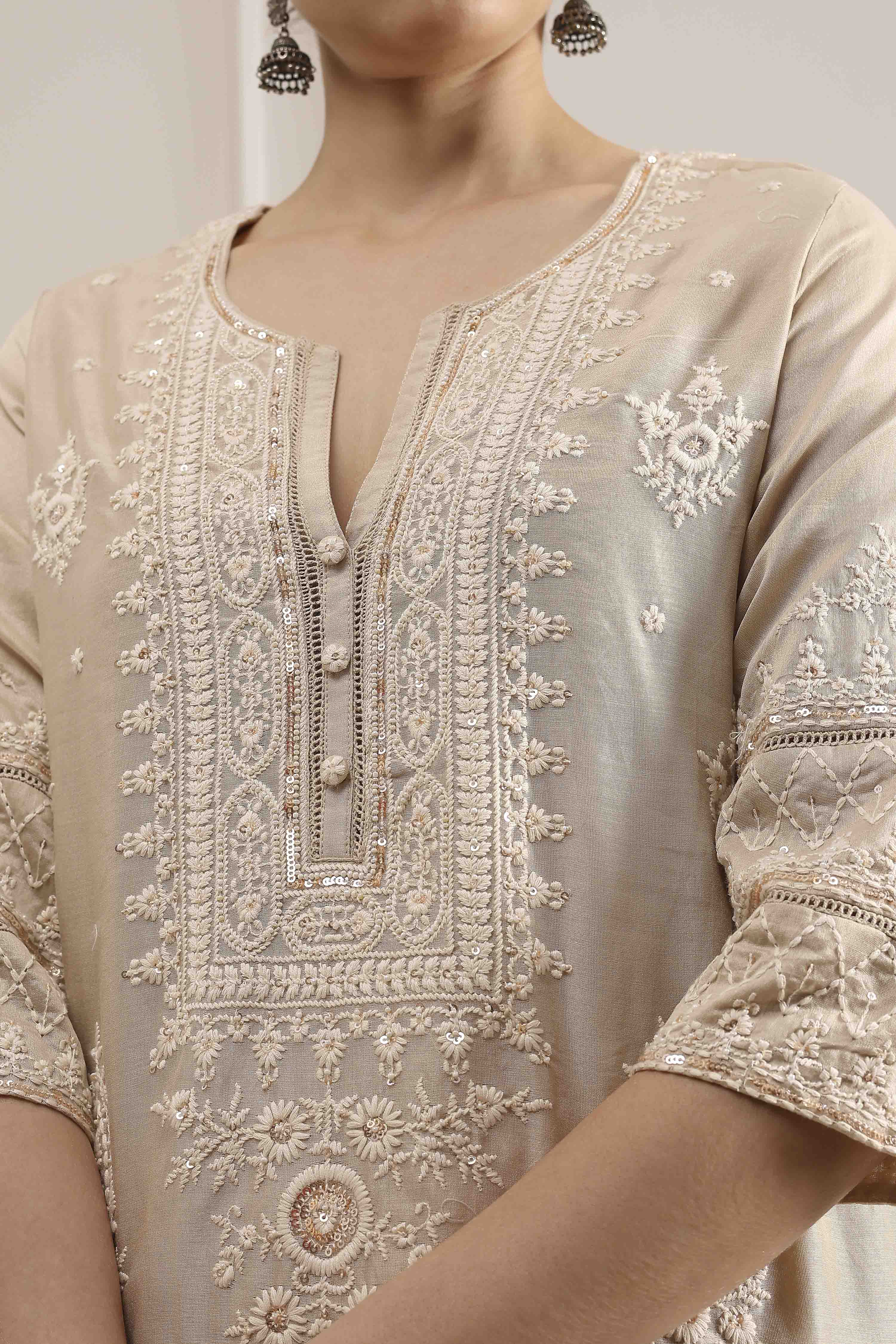 Beige Chanderi Straight Dyed Suit Set image number 1