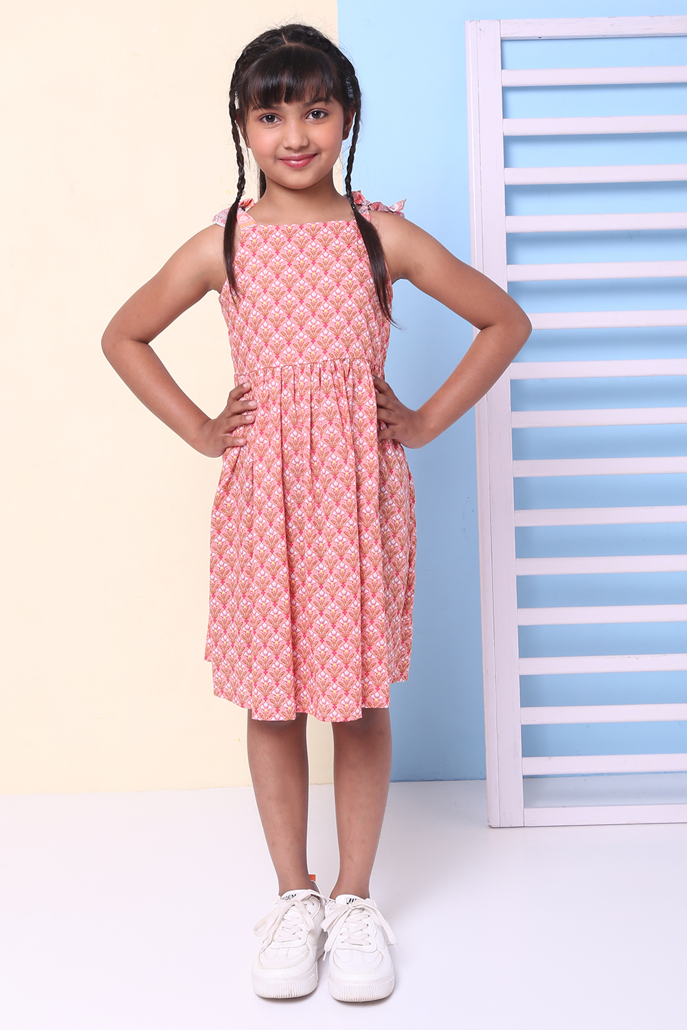 Peach Cotton Flared Printed Dress image number 4