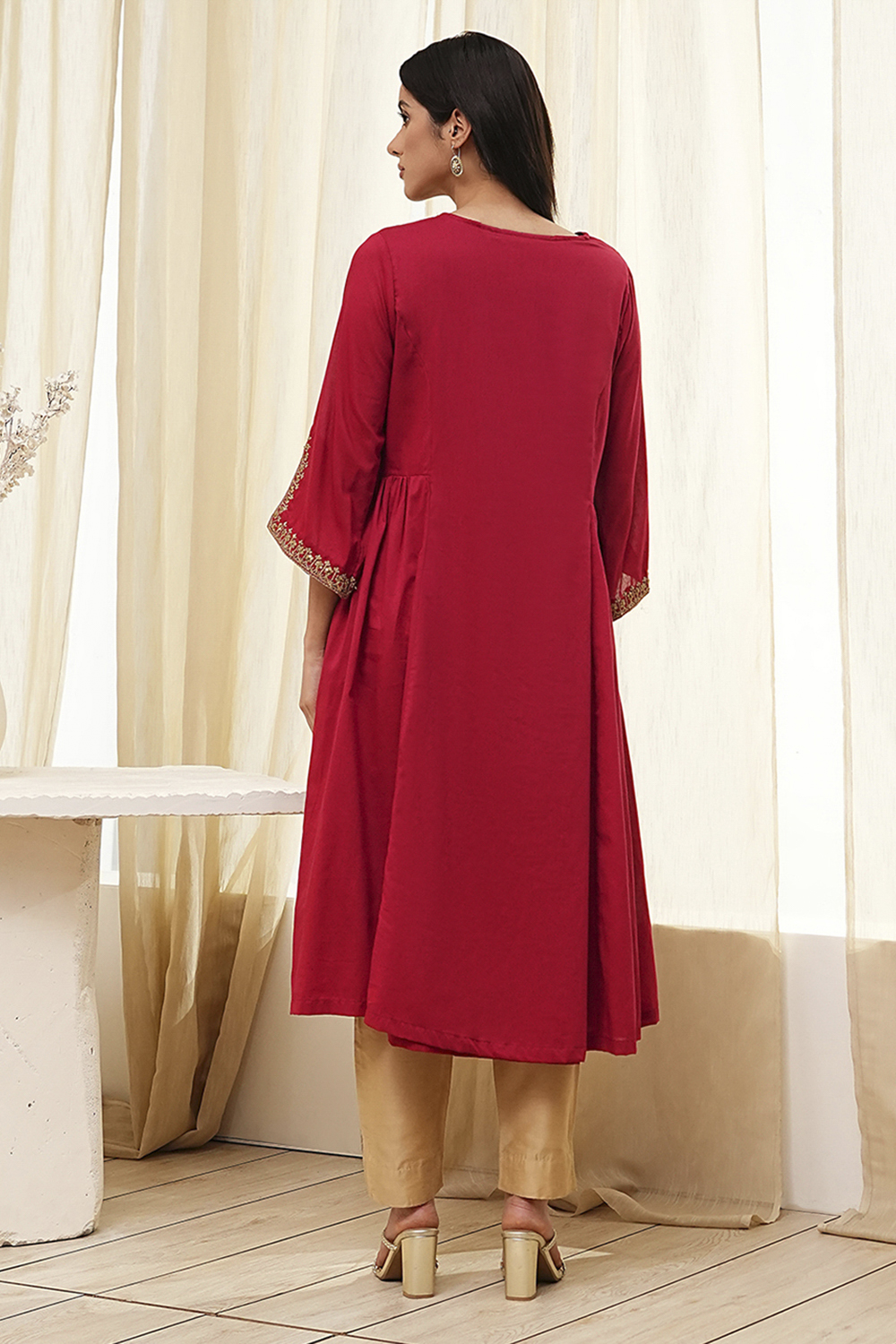 Red Cotton Solid A-Line Kurta image number 3