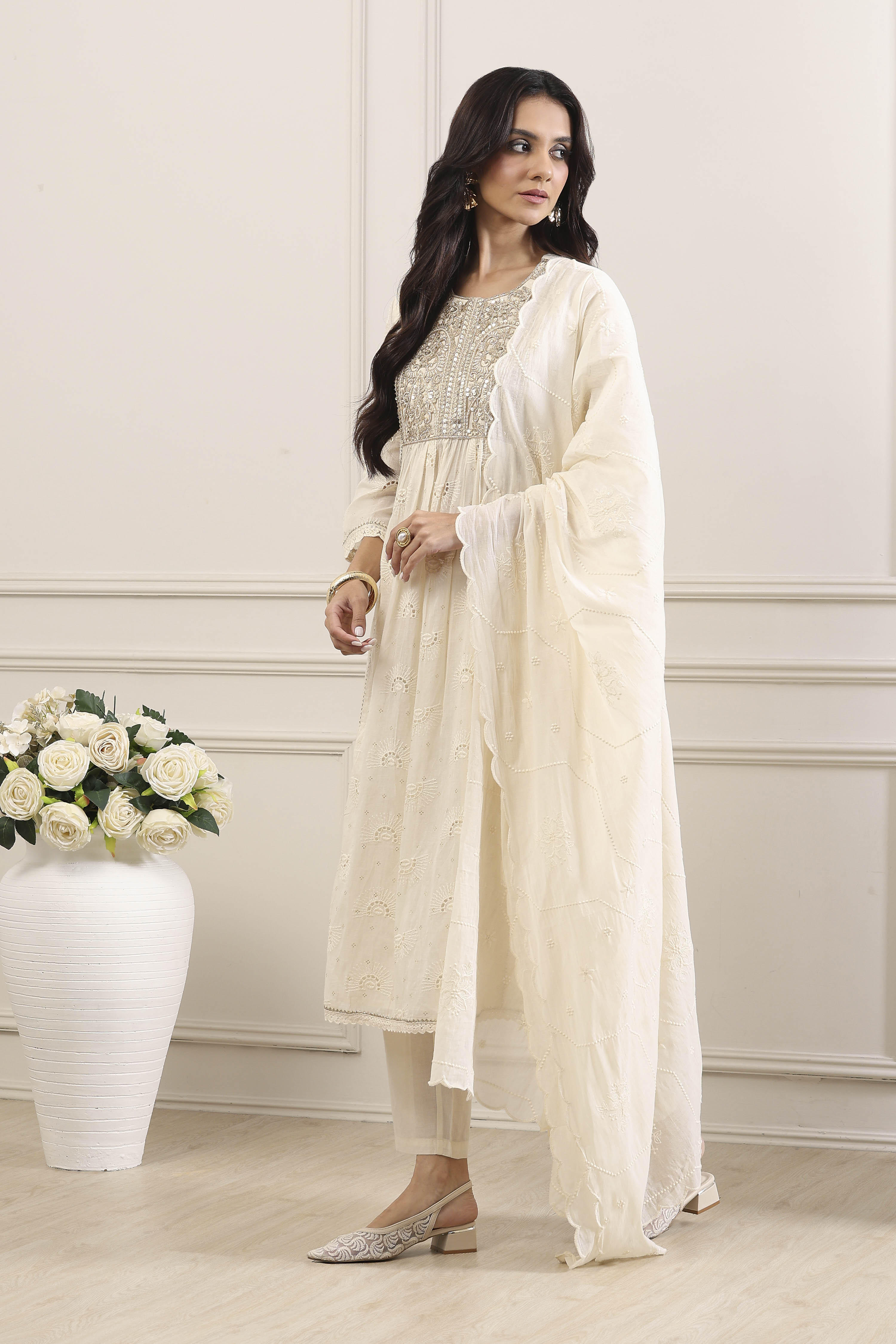 Yellow Cotton Gathered Suit Set image number 4